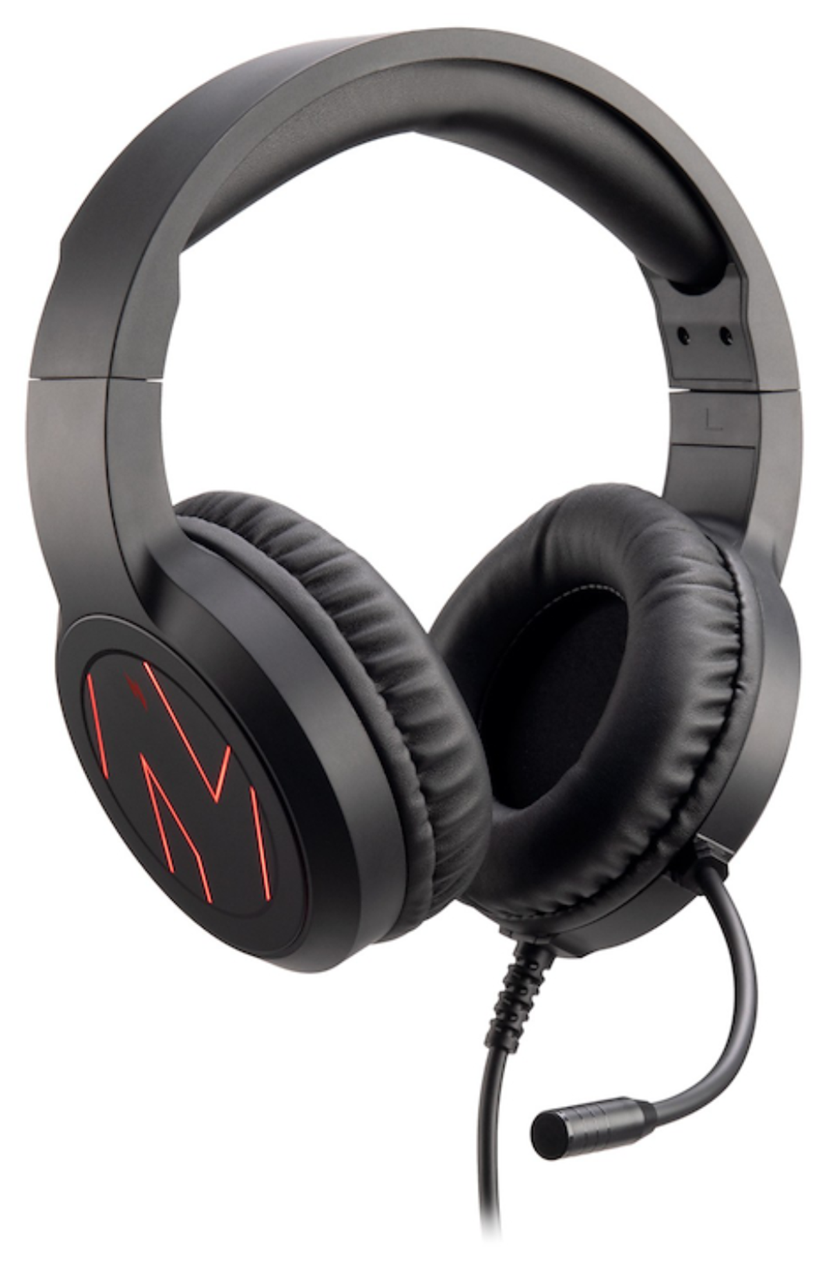 Auriculares negros con logo rojo y micrófono.