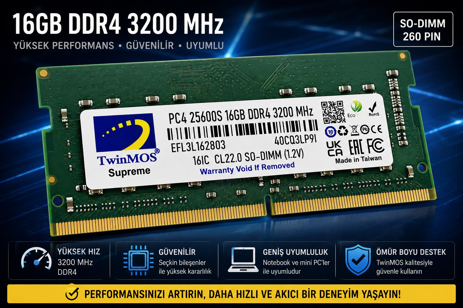 TwinMOS Supreme marka yeşil 16GB DDR4 3200 MHz SO-DIMM RAM modülü.