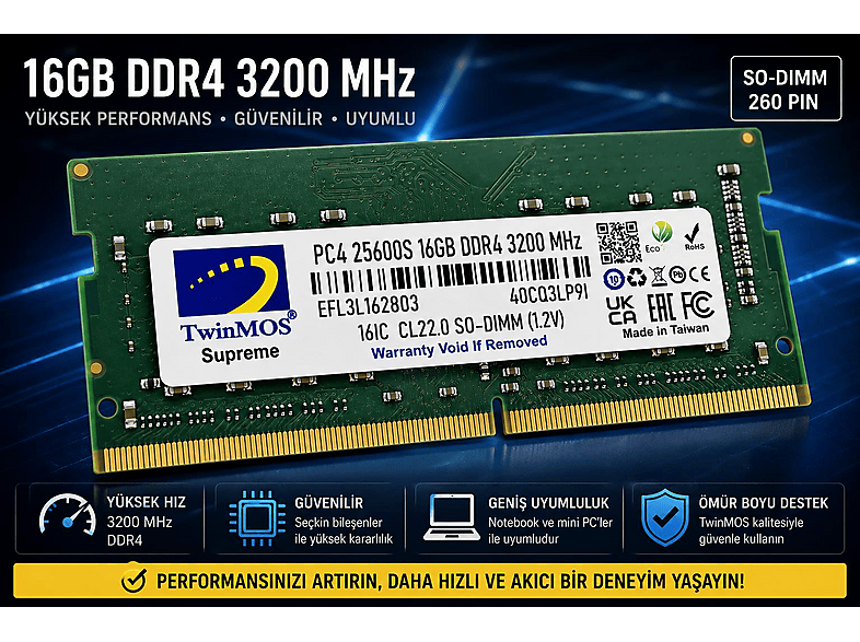 TWINMOS 3200 MHz DDR4 1.2V MDD416GB3200N Notebook Ram Fiyat