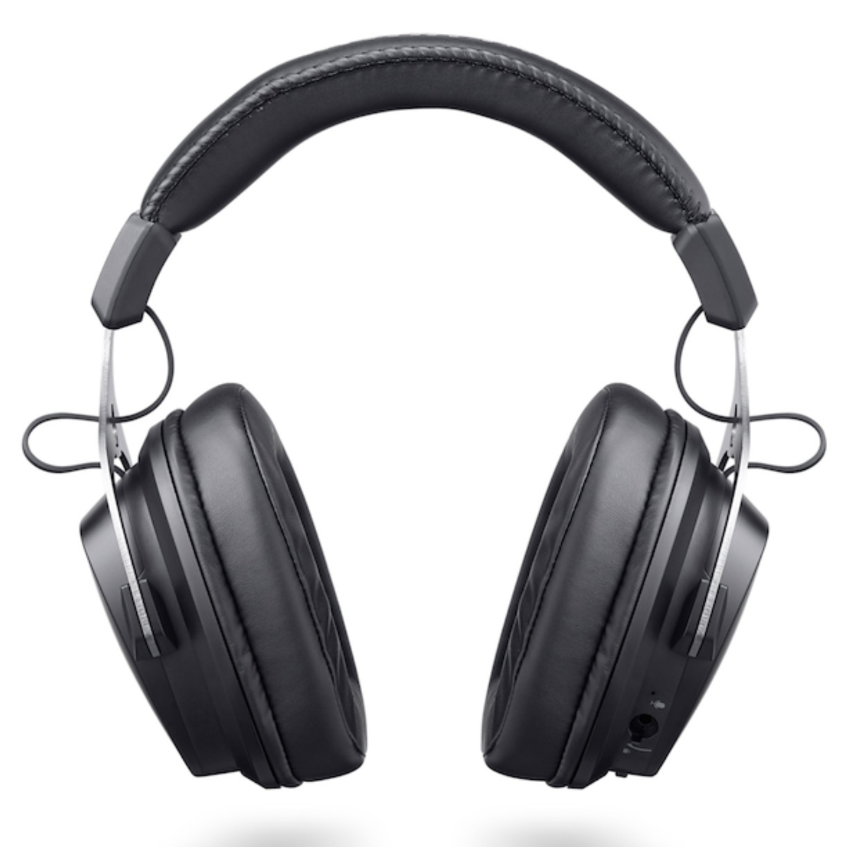 Auriculares negros circumaurales con diadema acolchada y detalles plateados.