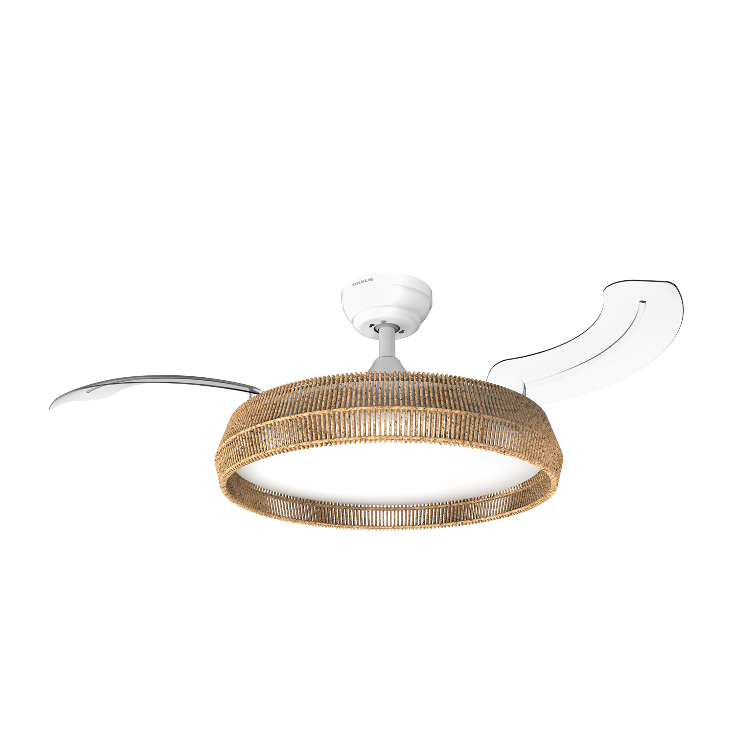 Ventilador de techo con carcasa blanca, pantalla de mimbre y aspas blancas.