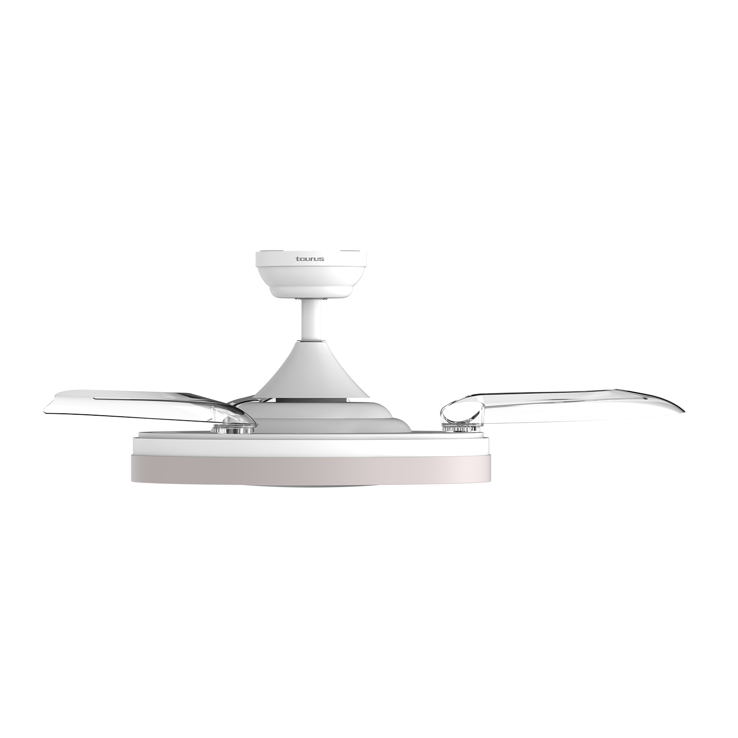 Un ventilador de techo blanco con dos aspas transparentes sobre fondo blanco.