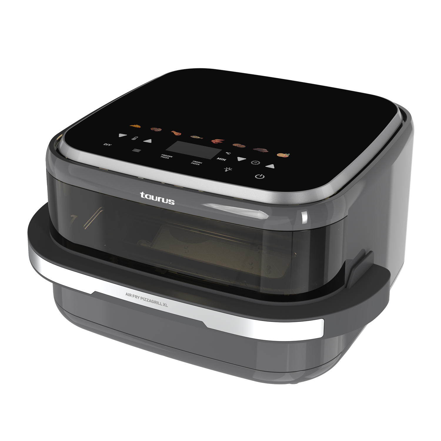 Una freidora de aire Taurus Pizzagrill XL gris con panel de control digital negro.