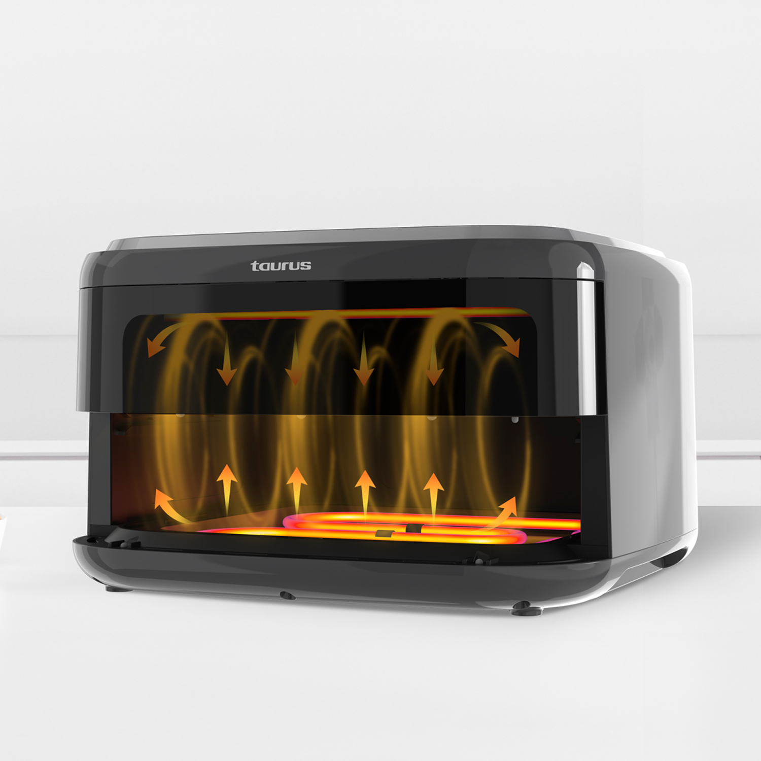 Un horno Taurus negro que muestra elementos calefactores brillantes y flechas de calor.