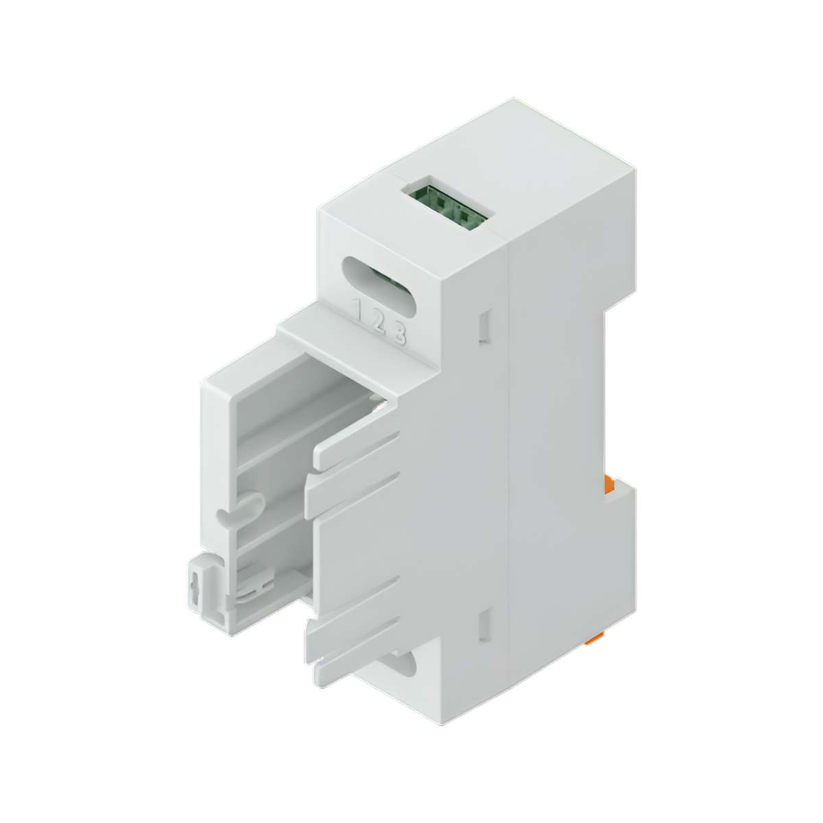 Un connettore elettrico bianco con morsettiera verde e marcatura 123.