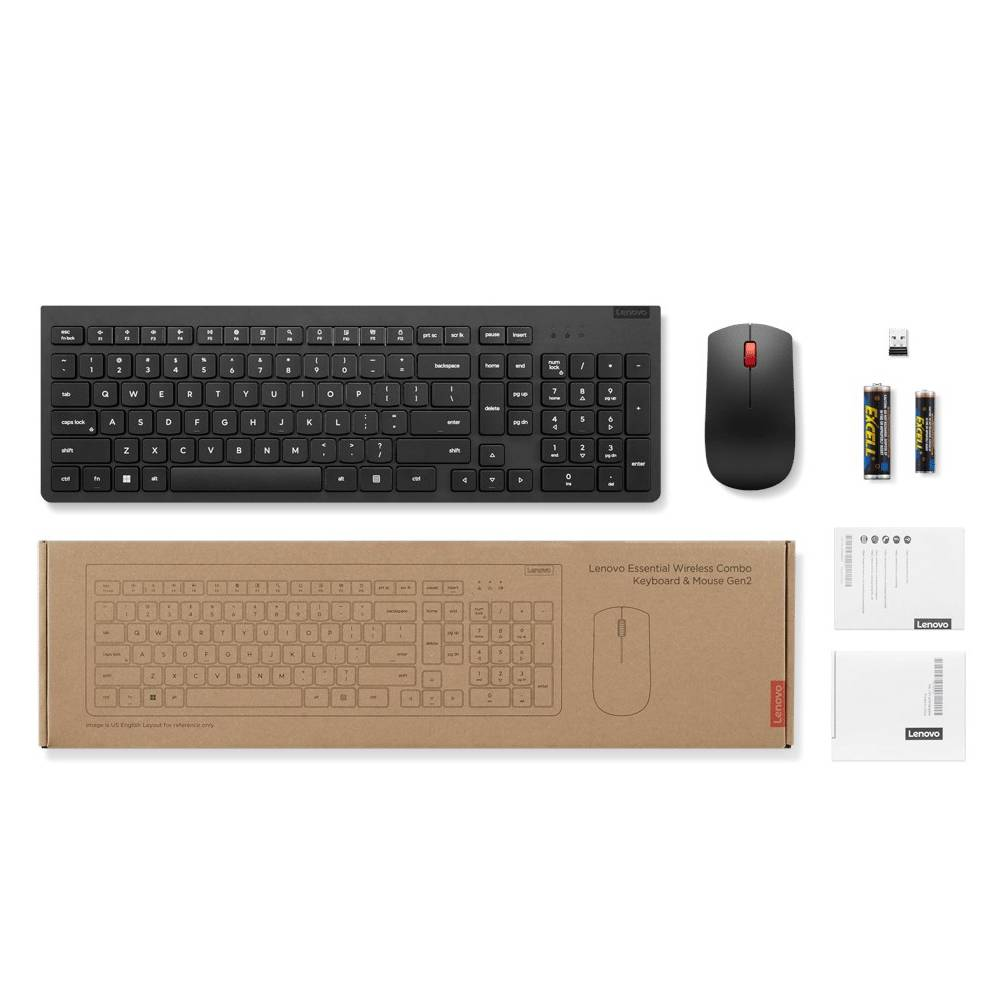 Siyah Lenovo kablosuz klavye, fare, piller ve ürün resmi olan kutu.