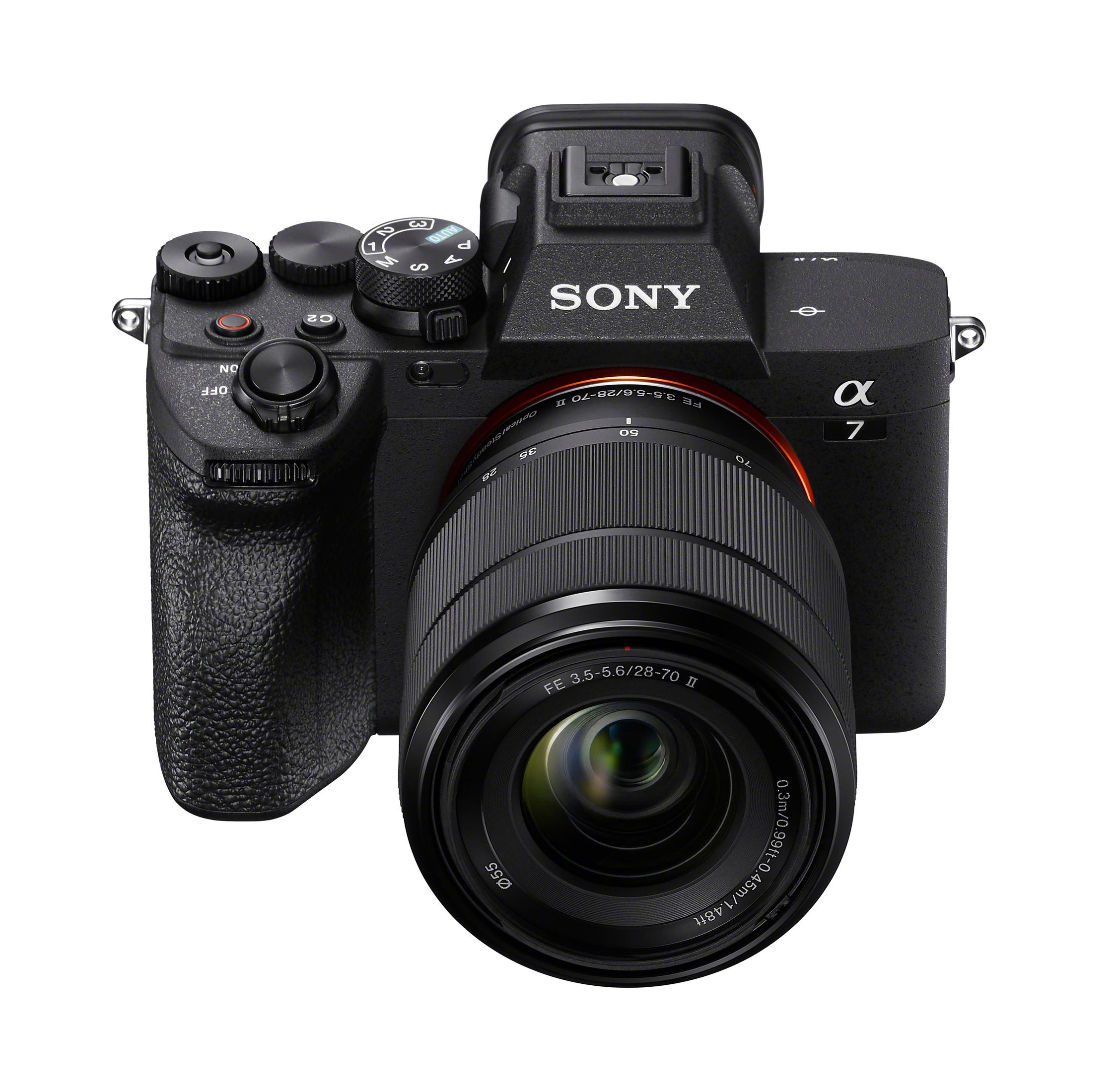 A black Sony Alpha 7 camera with a 28-70mm lens, on a white background.