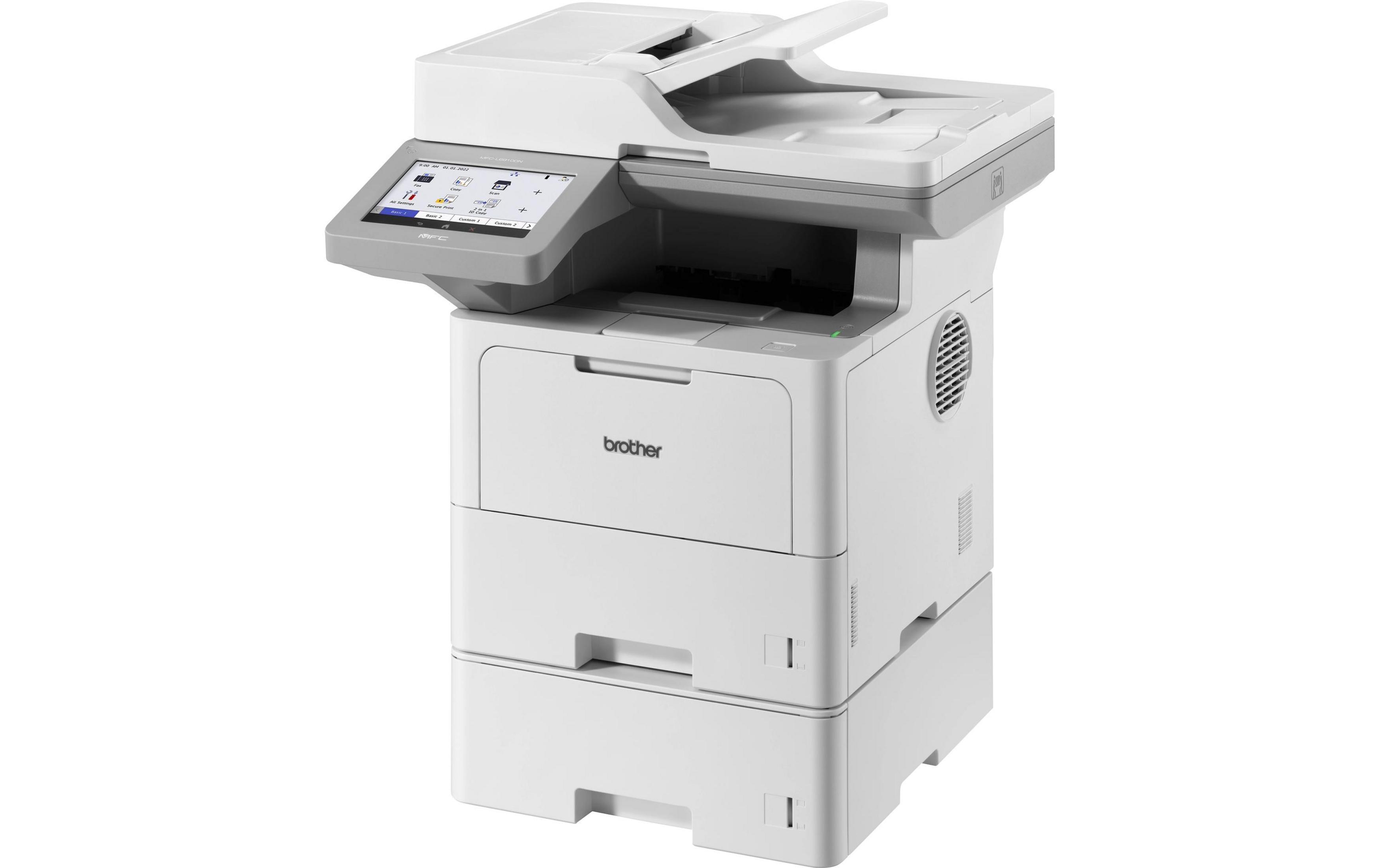 Une imprimante Brother MFC blanche avec écran tactile et bacs à papier.