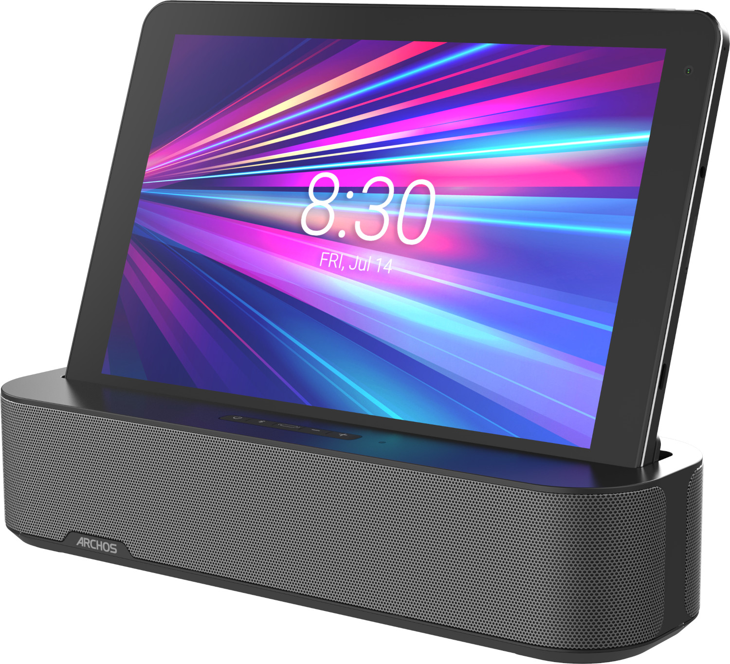 Una tableta con pantalla colorida en una base de altavoz.