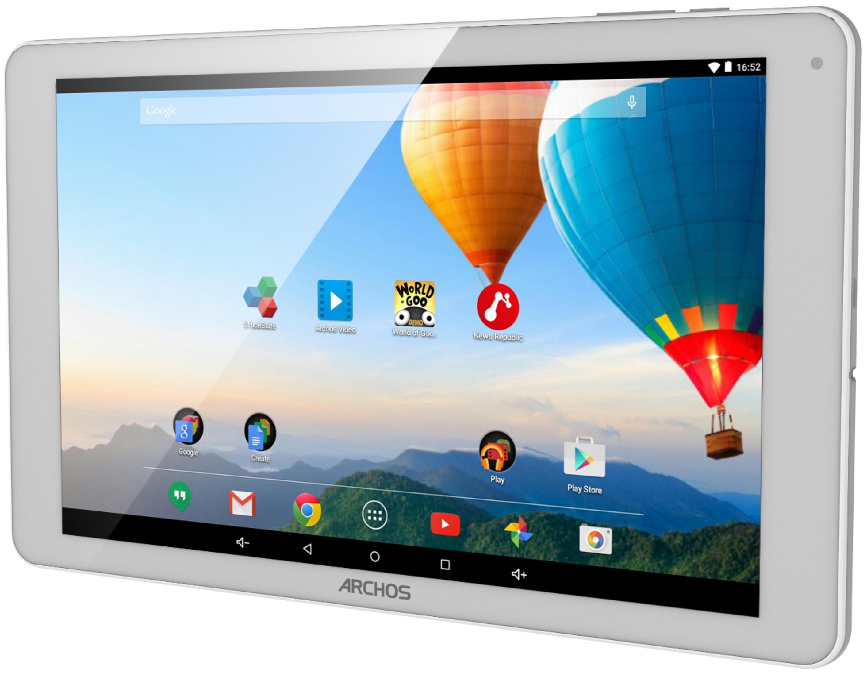 Ein weißes Tablet zeigt einen blauen und einen orangen Heißluftballon am Himmel.