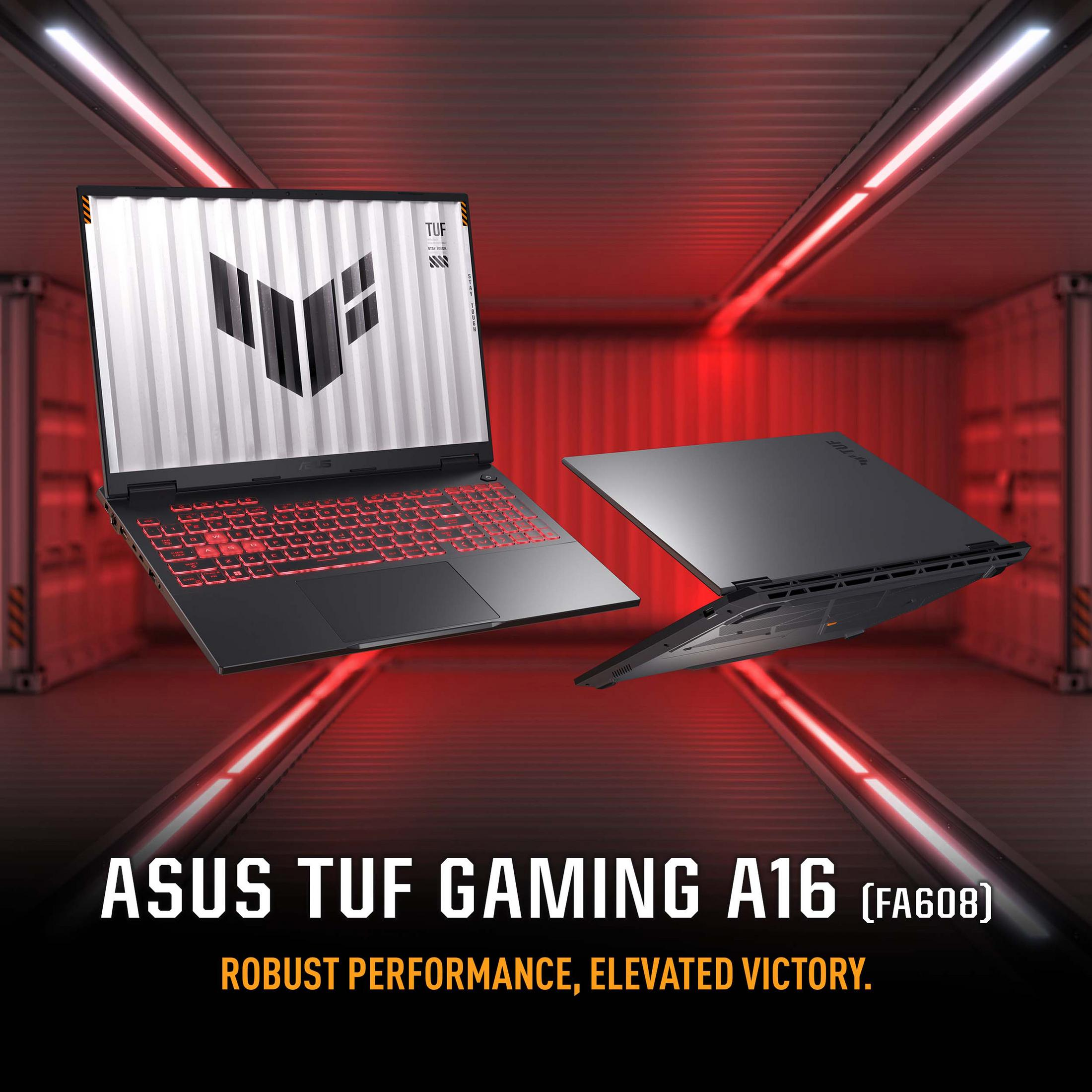 Black ASUS TUF Gaming A16 laptop with red backlit keyboard and logo.