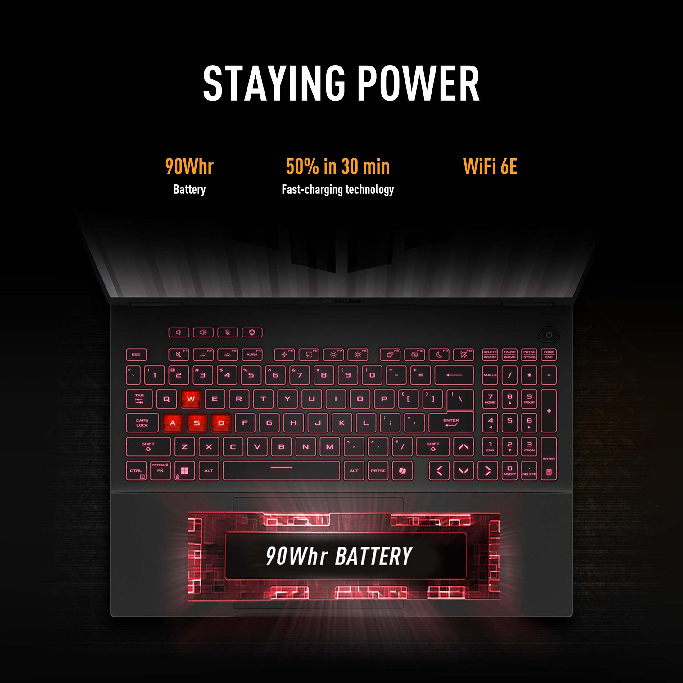 A laptop with a backlit keyboard and "90Whr BATTERY" text.