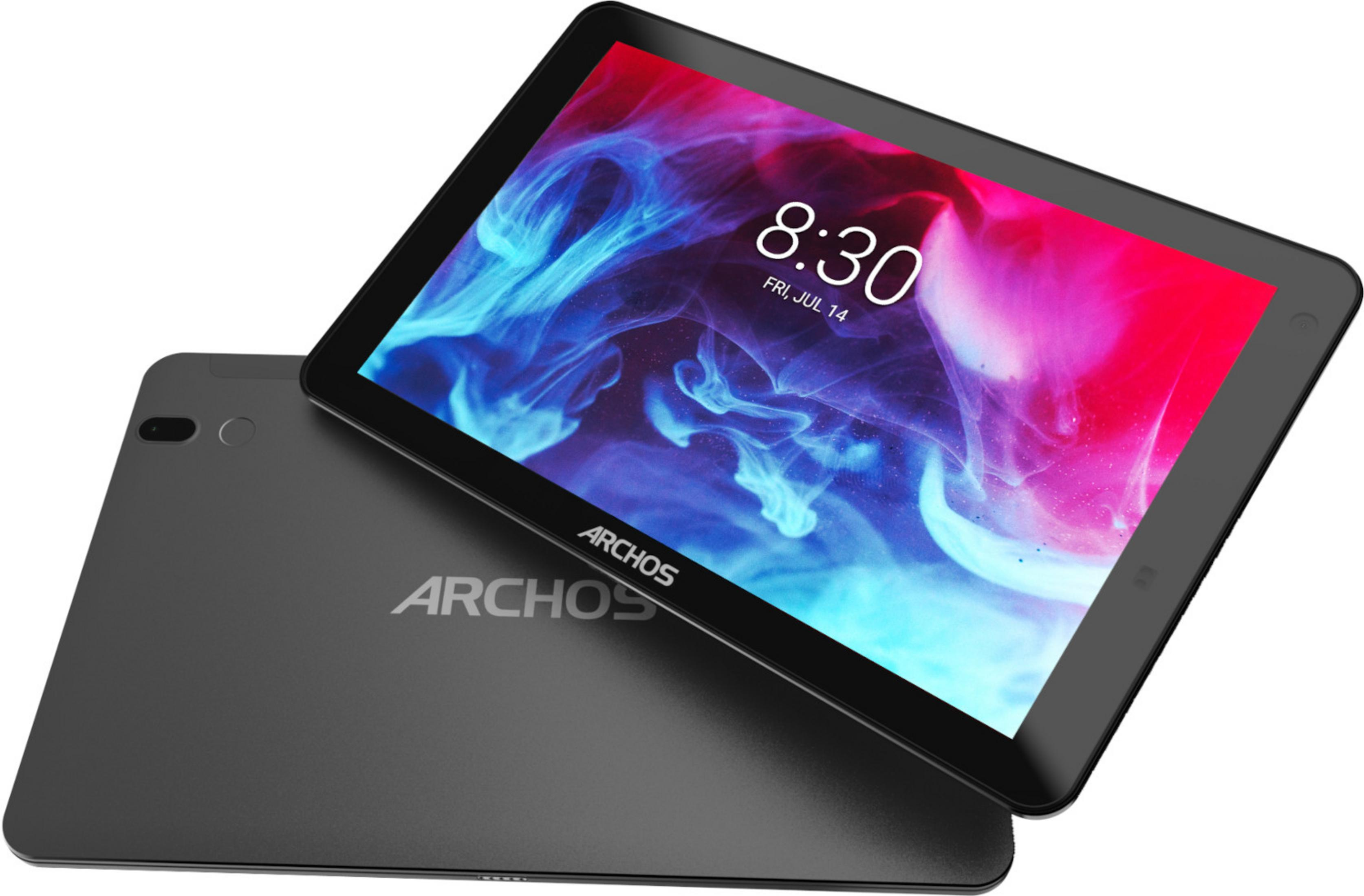 Un tablet Archos grigio giace sul retro, con lo schermo inclinato verso l'alto, mostrando uno sfondo astratto colorato.