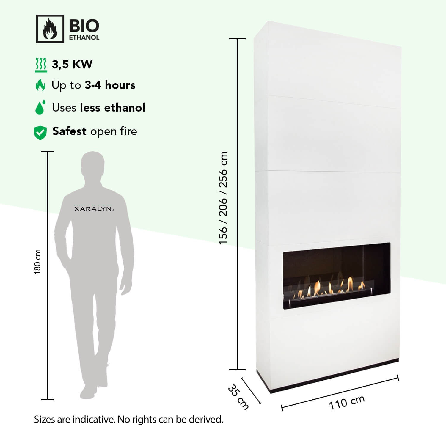Witte bio-ethanol haard met vlammen. Afmetingen 110x35x156-256cm. Persoonshoogte 180cm.