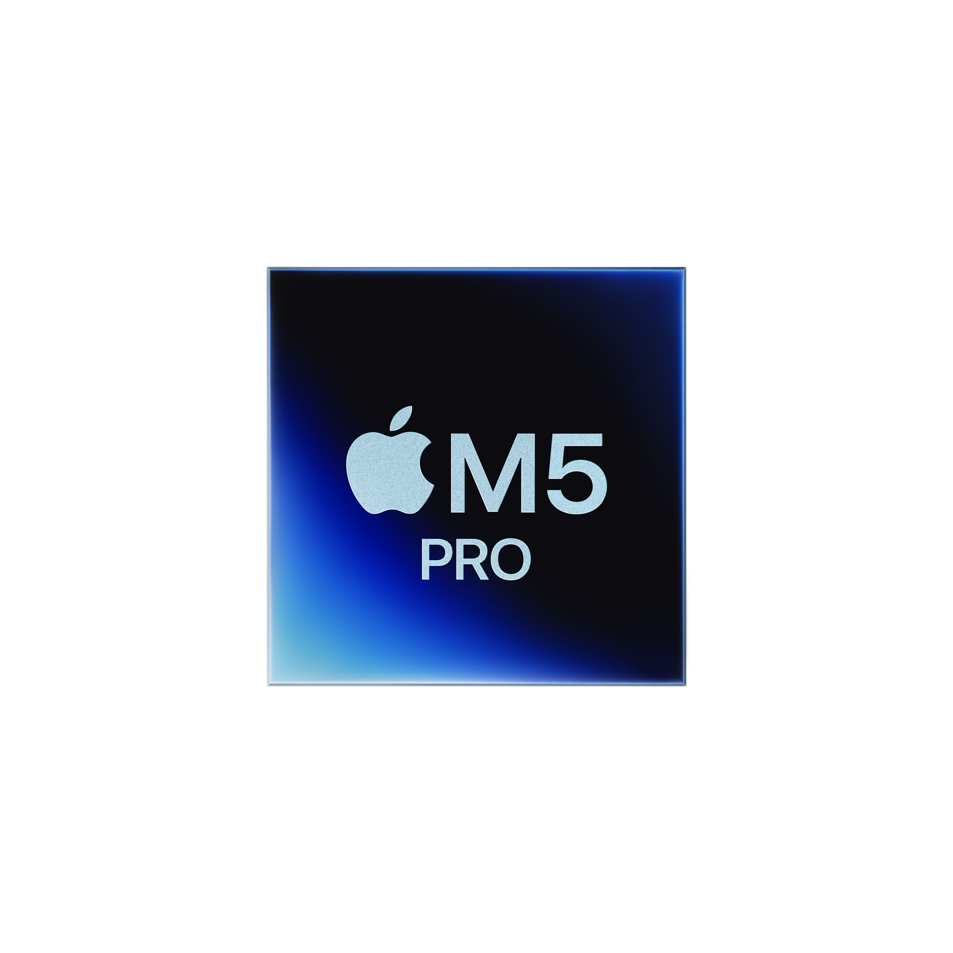 Chip Apple M5 Pro z niebieskim gradientem na czarnym tle.