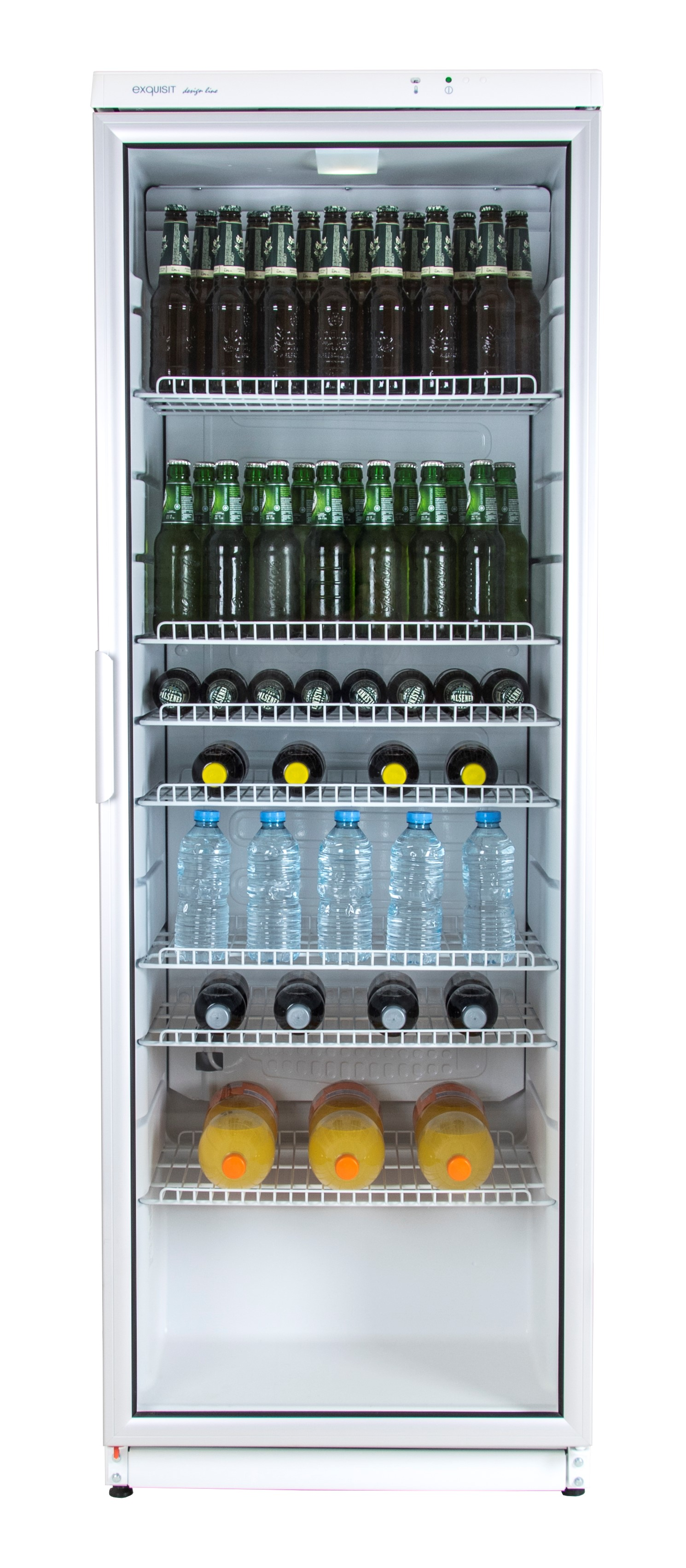 A white refrigerator with multiple shelves stocked with drinks: bottles and water.