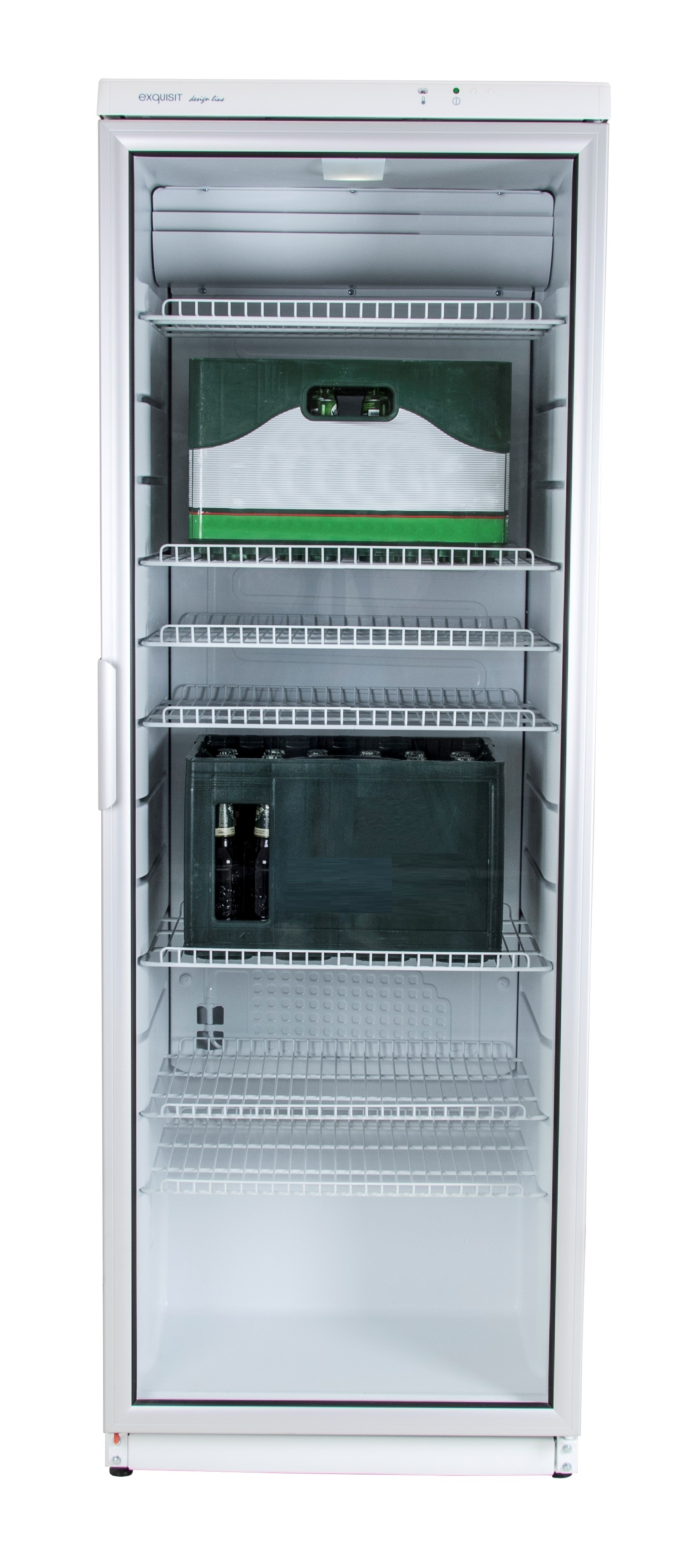 An open white refrigerator with two green crates of bottles on shelves.