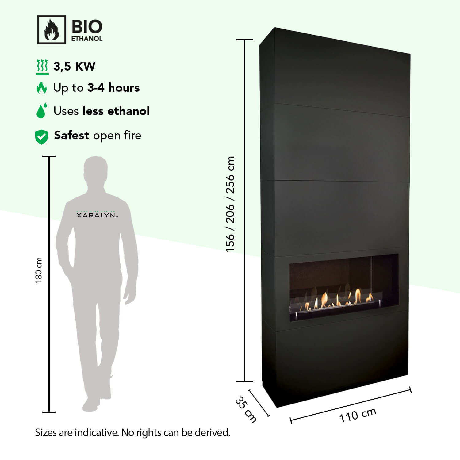 Hoge zwarte ethanol haard met vlam. Afmetingen en kenmerken vermeld.