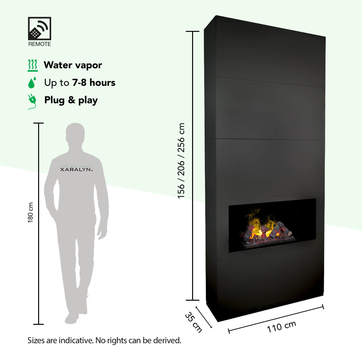 Zwarte elektrische haard met vlam- en rookeffect. Afmetingen 110x35x156-256cm.
