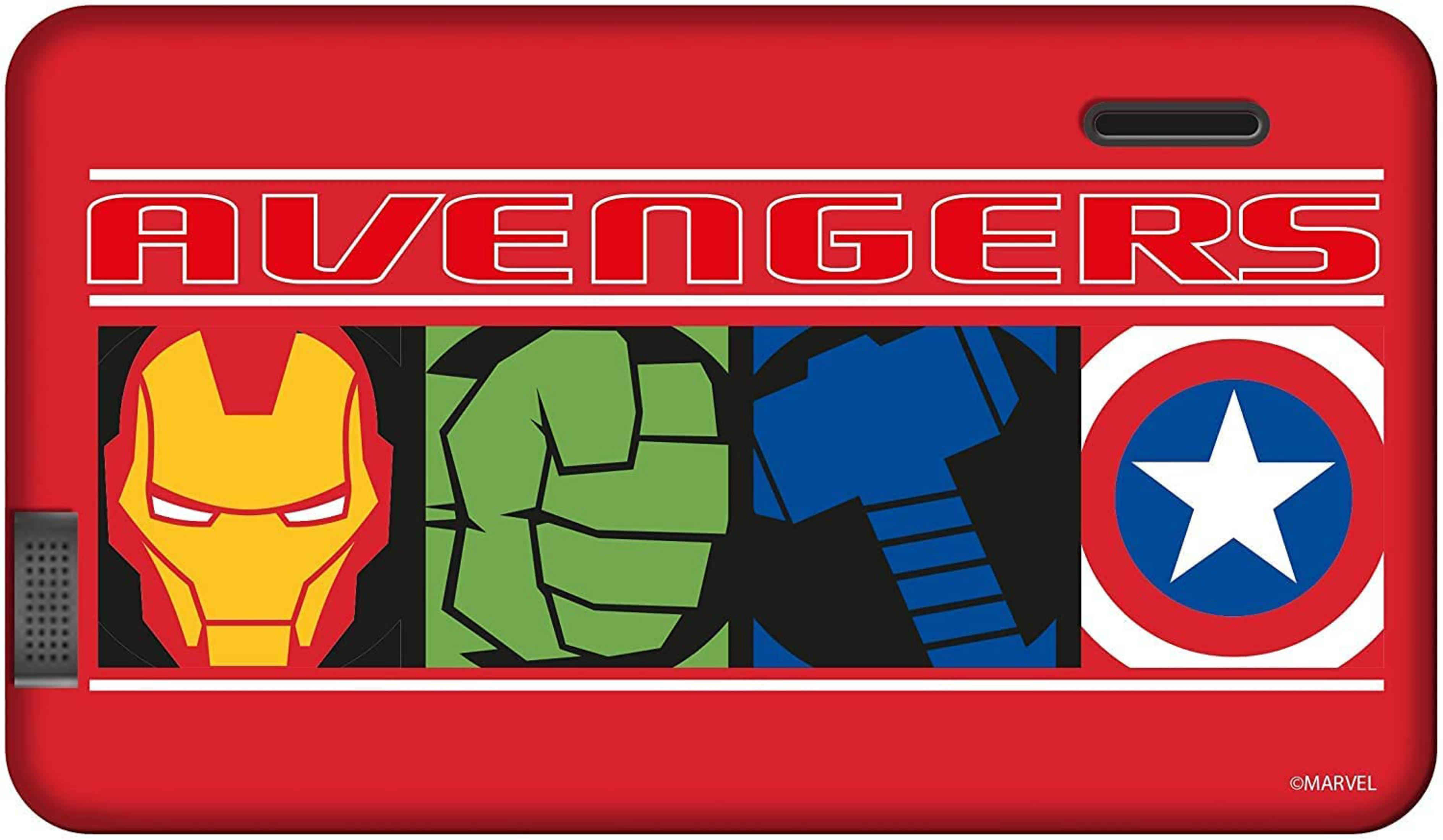 Custodia rossa con logo Avengers, Iron Man, Hulk e Capitan America.