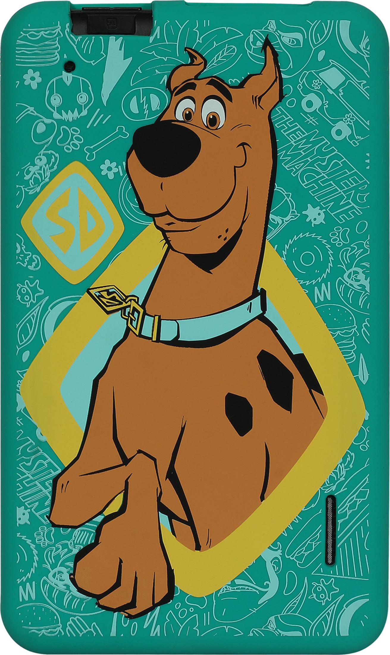 Scooby-Doo su sfondo turchese con disegni animati di cibo, fantasmi e la Mystery Machine.
