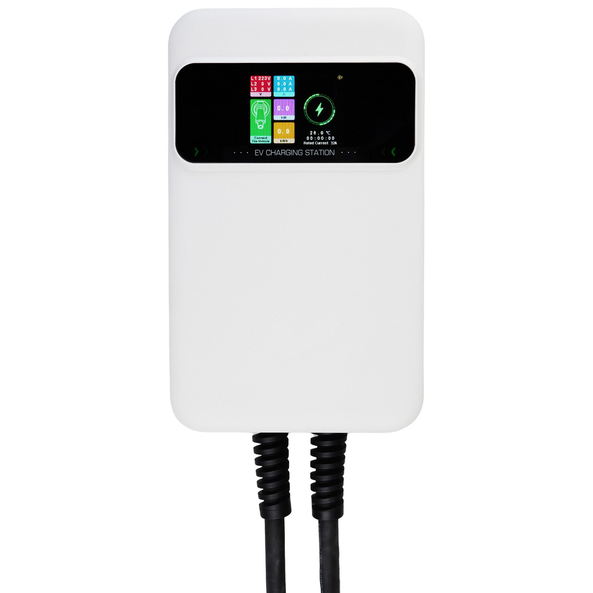 Biała stacja ładowania pojazdów elektrycznych z ekranem pokazującym dane.