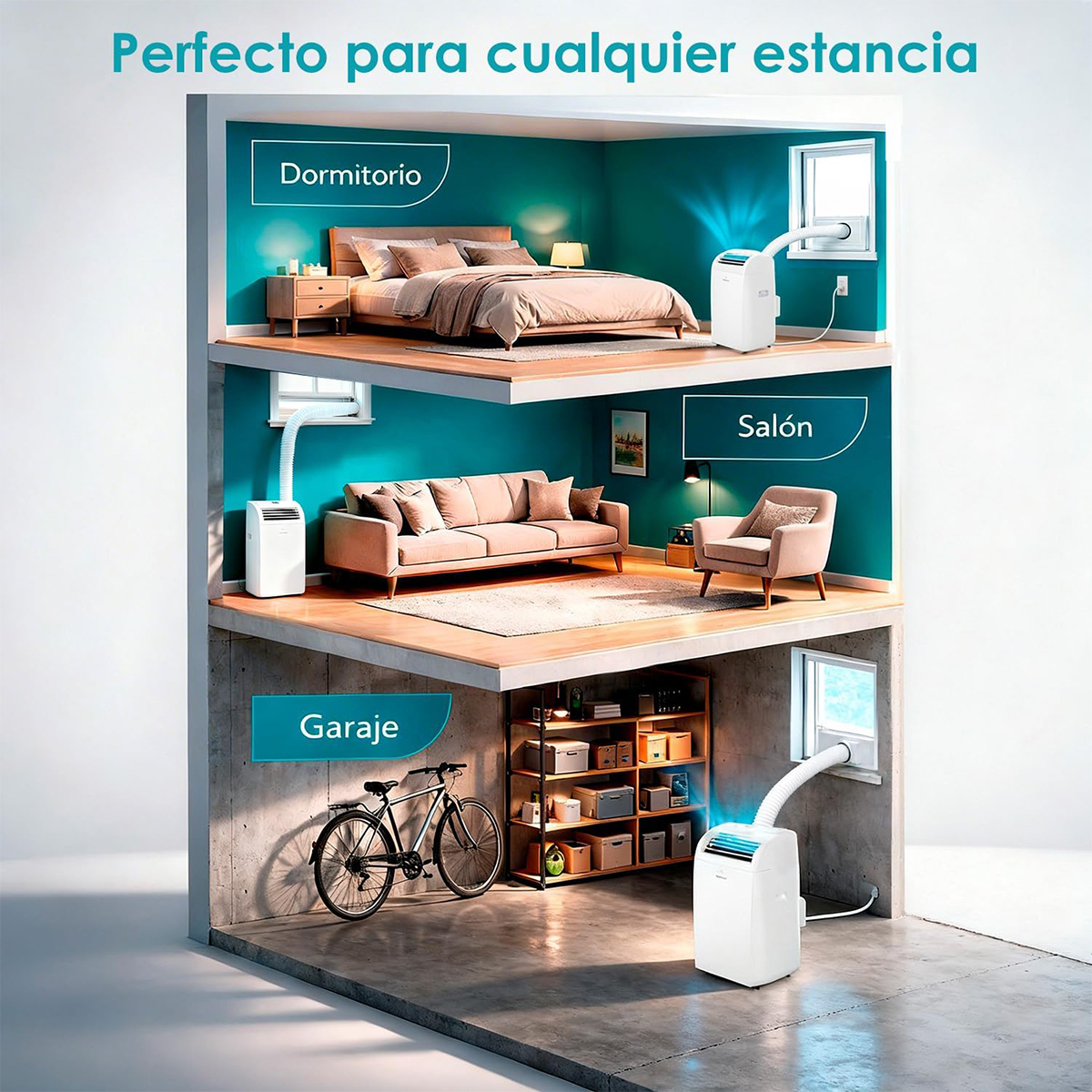 Un aire acondicionado portátil en un dormitorio, sala de estar y garaje.