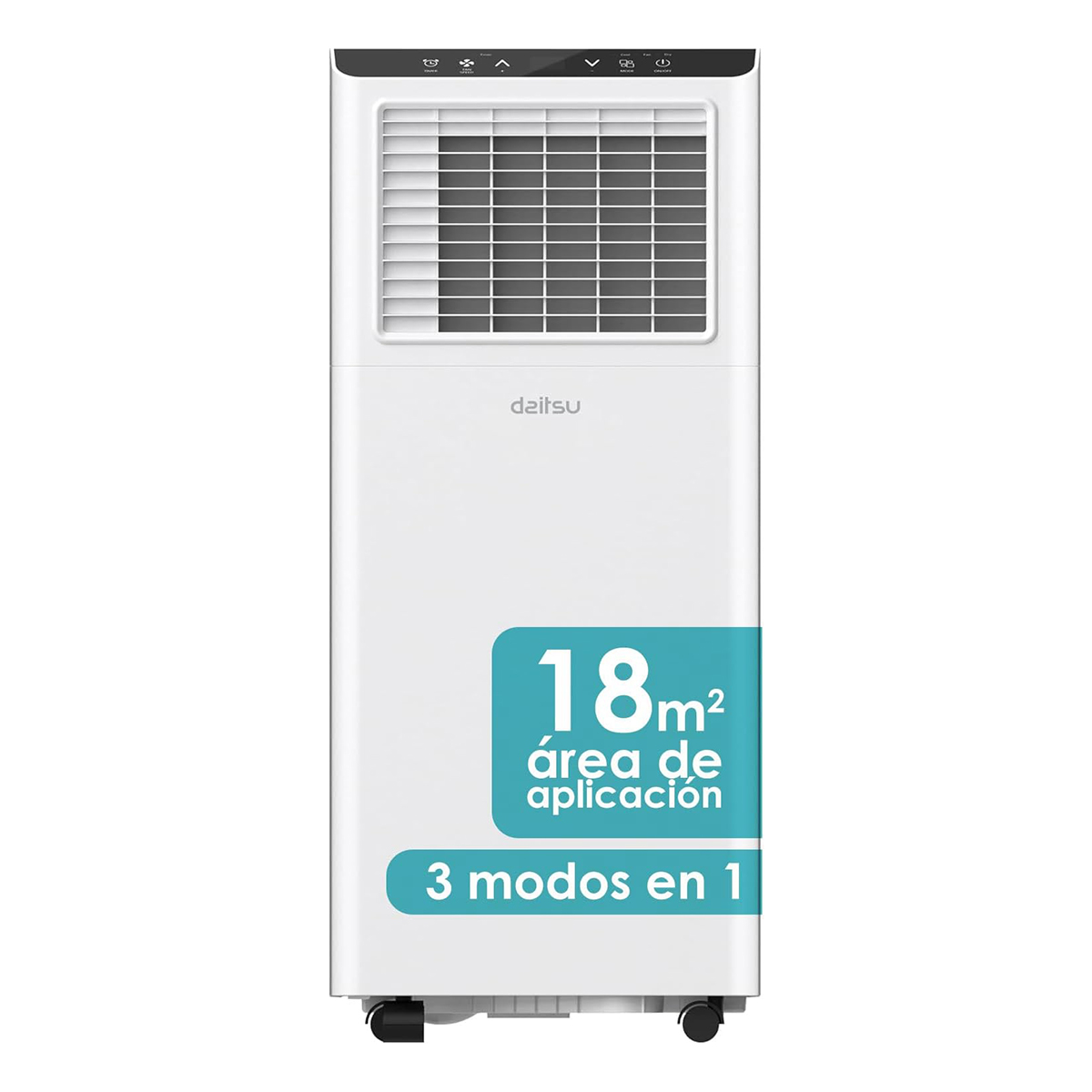 Un aire acondicionado Daitsu blanco con ruedas, 18m² área, 3 modos.