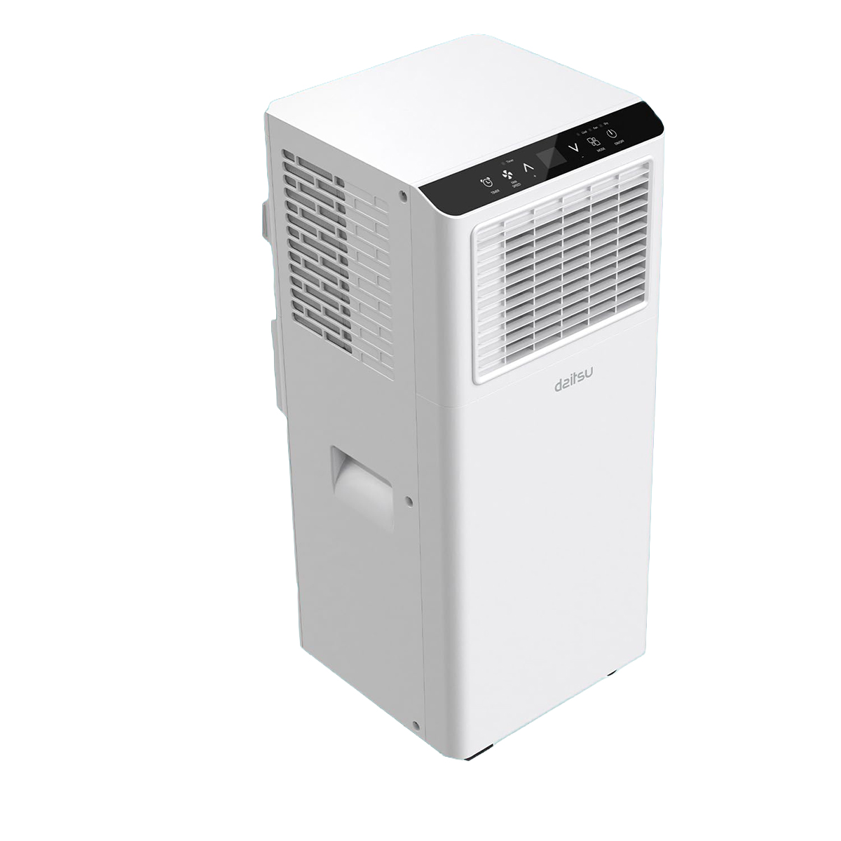 Una torre blanca de aire acondicionado portátil con rejillas y panel de control.