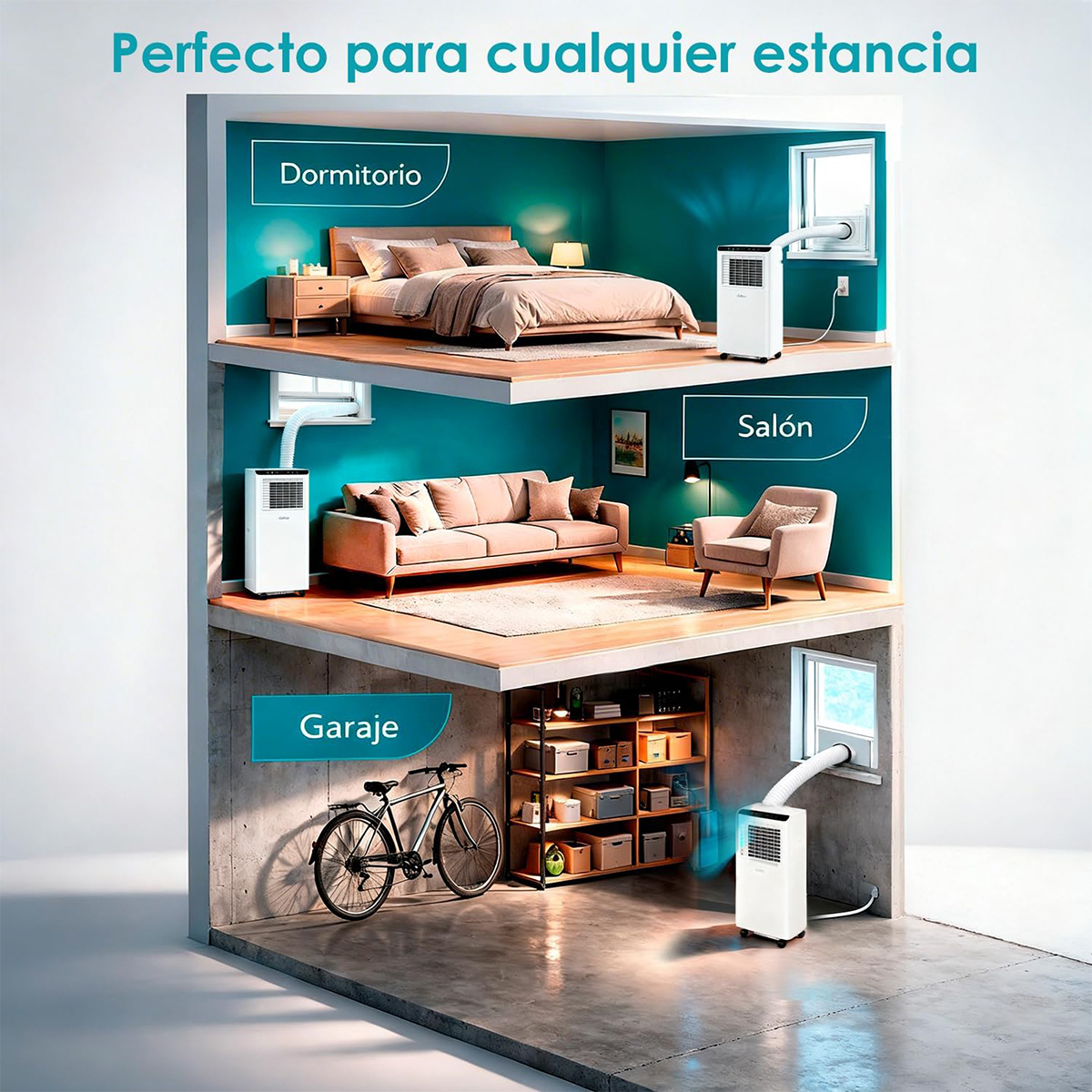 Un aire acondicionado portátil se muestra en un dormitorio, sala de estar y garaje.
