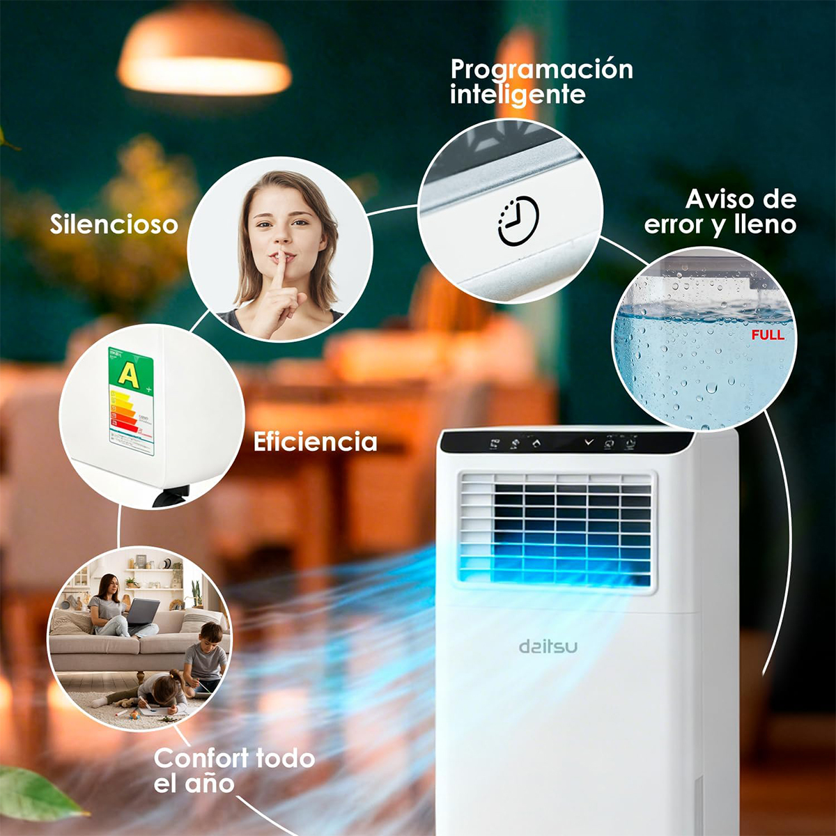Un enfriador de aire blanco con ventilación azul, etiqueta A de eficiencia energética, icono de temporizador, depósito lleno y familia.