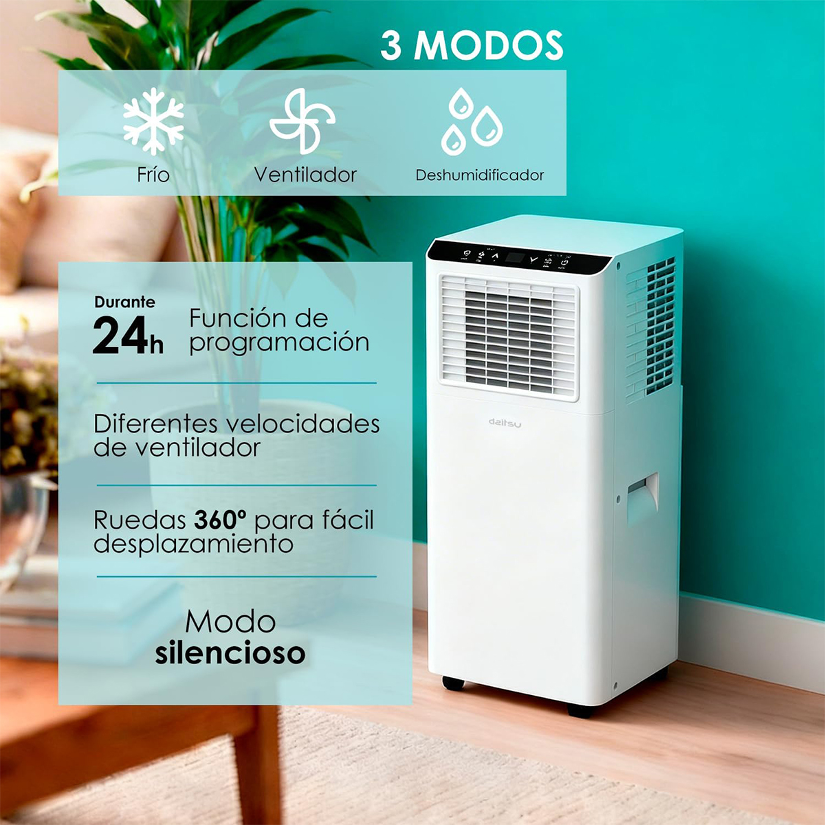 Un aire acondicionado portátil blanco con 3 modos: Frío, Ventilador, Deshumidificador.