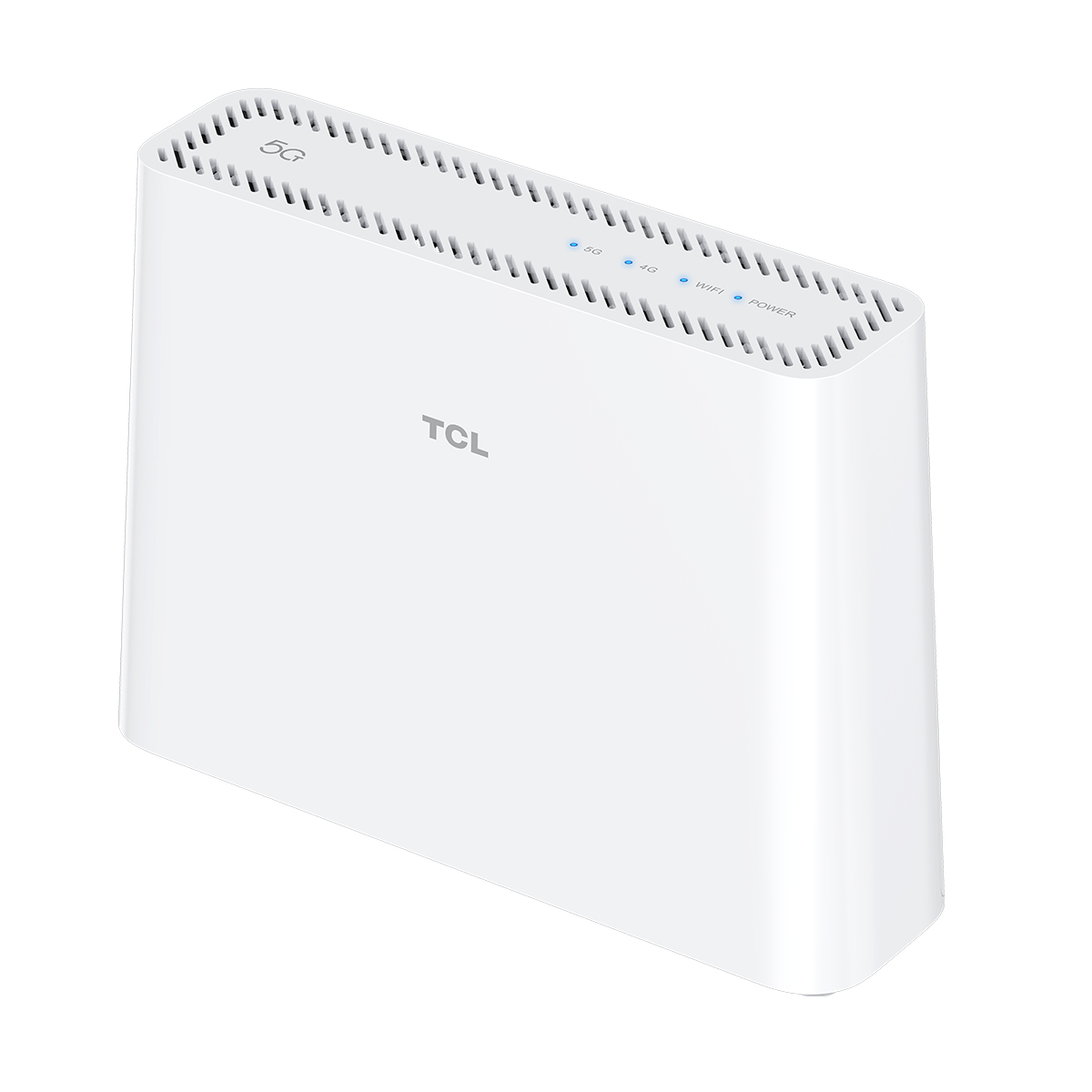 Un router TCL 5G blanco con ventilaciones y luces indicadoras.