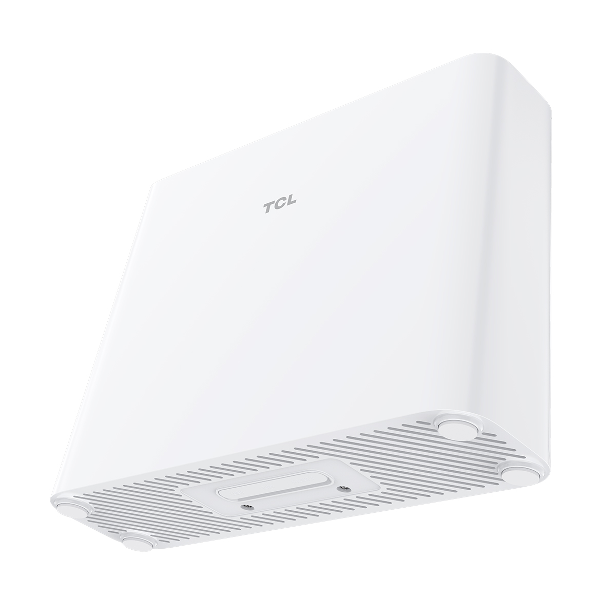 Un dispositivo blanco TCL con rejillas en la parte inferior y pies redondos.