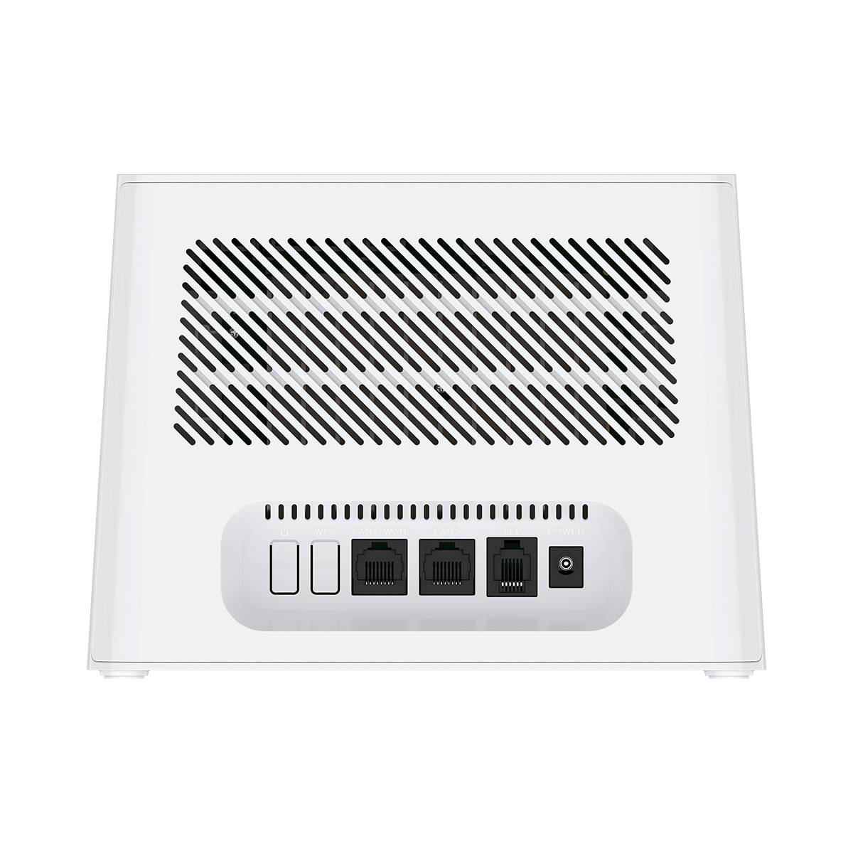 Parte trasera de un router blanco con rejillas de ventilación, puertos LAN/WAN, toma de teléfono y conector de alimentación.