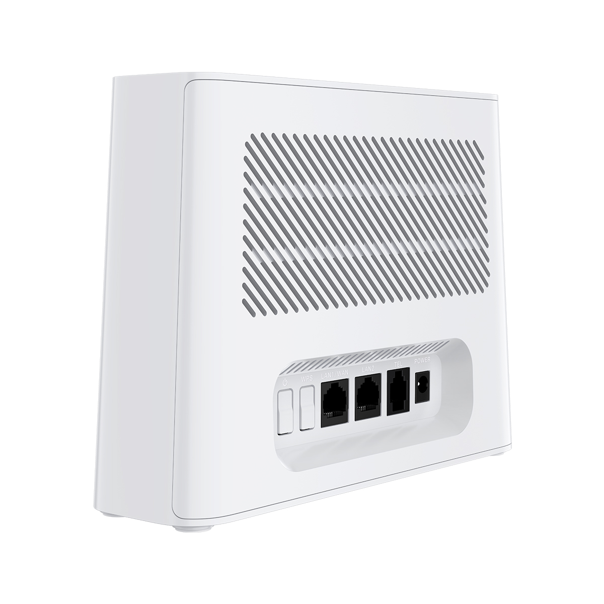 Router blanco con rejillas de ventilación arriba y puertos abajo.
