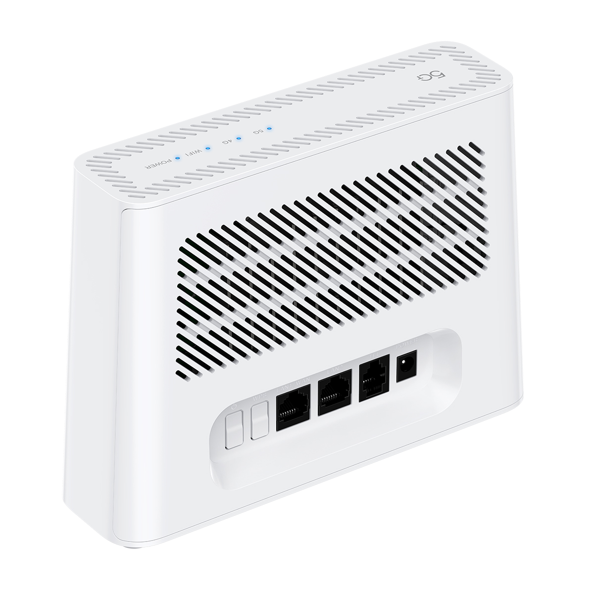 Router 5G blanco con rejillas y puertos: alimentación, reset, LAN, WAN y SIM.