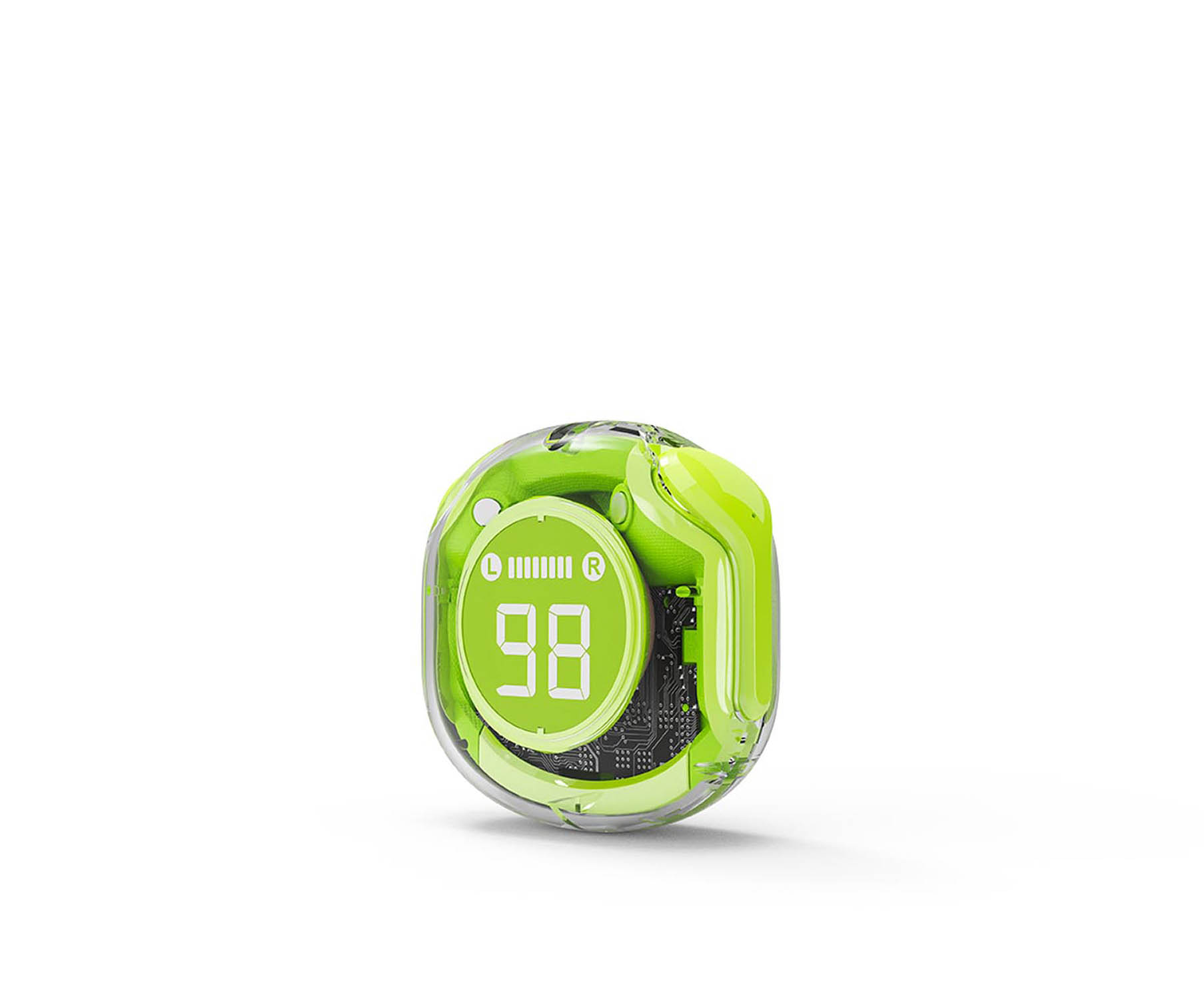 Un petit minuteur cubique transparent, vert néon, avec un écran numérique.