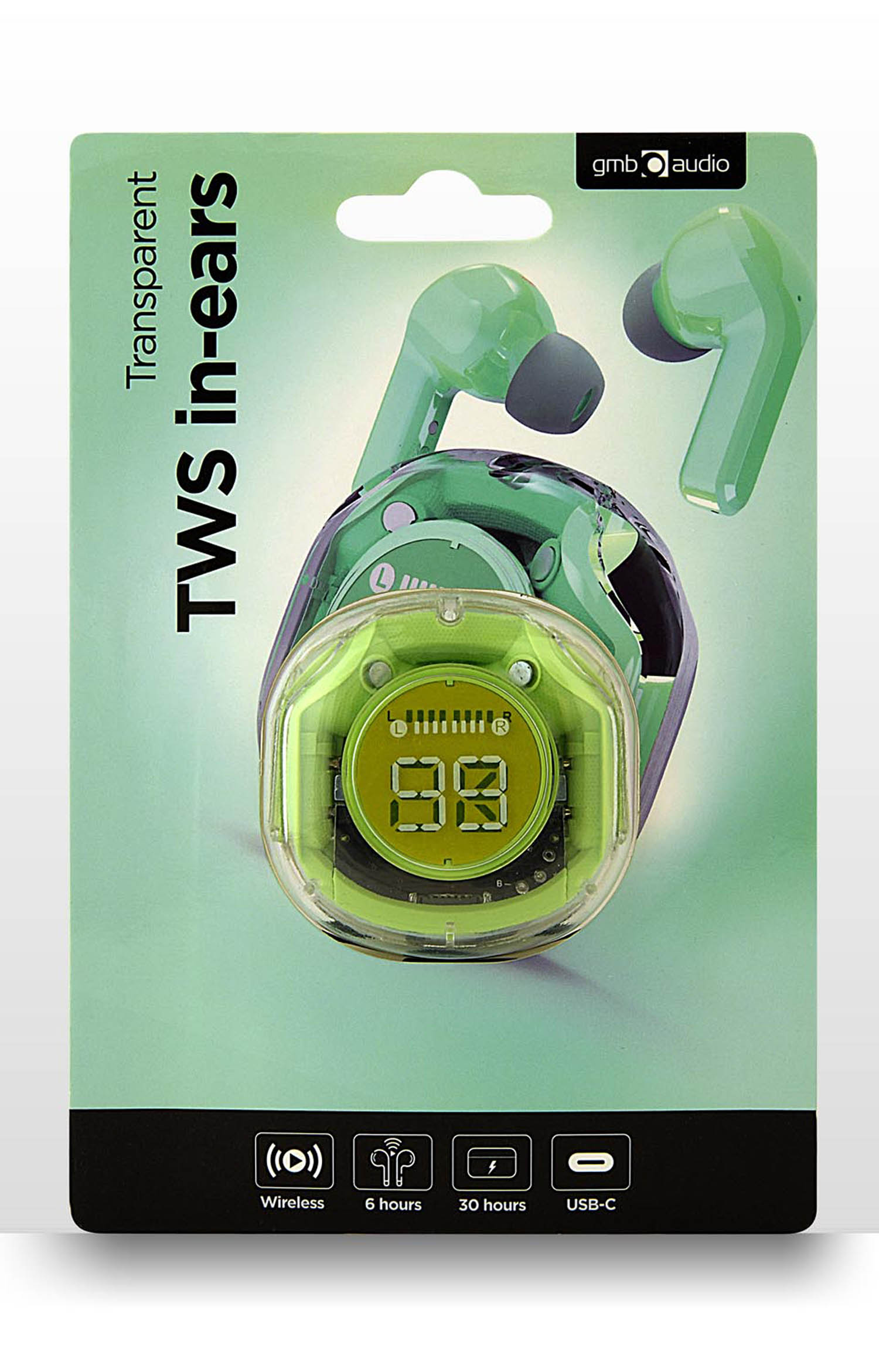 Écouteurs TWS transparents verts dans un étui avec indicateur de charge et icônes d'autonomie.