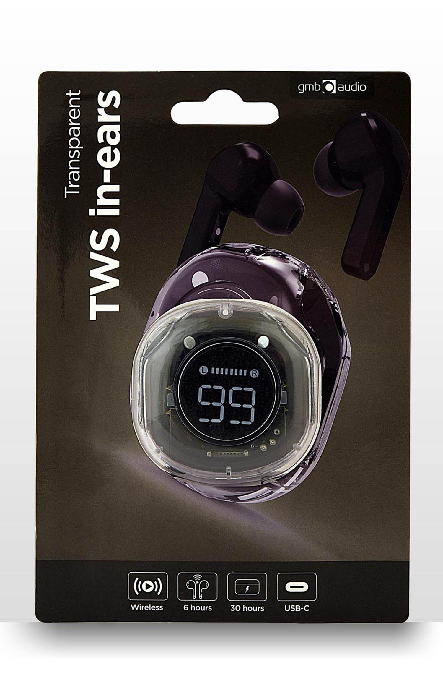 Zwarte TWS in-ear oordopjes met transparante oplaadcase waarop '99' staat.