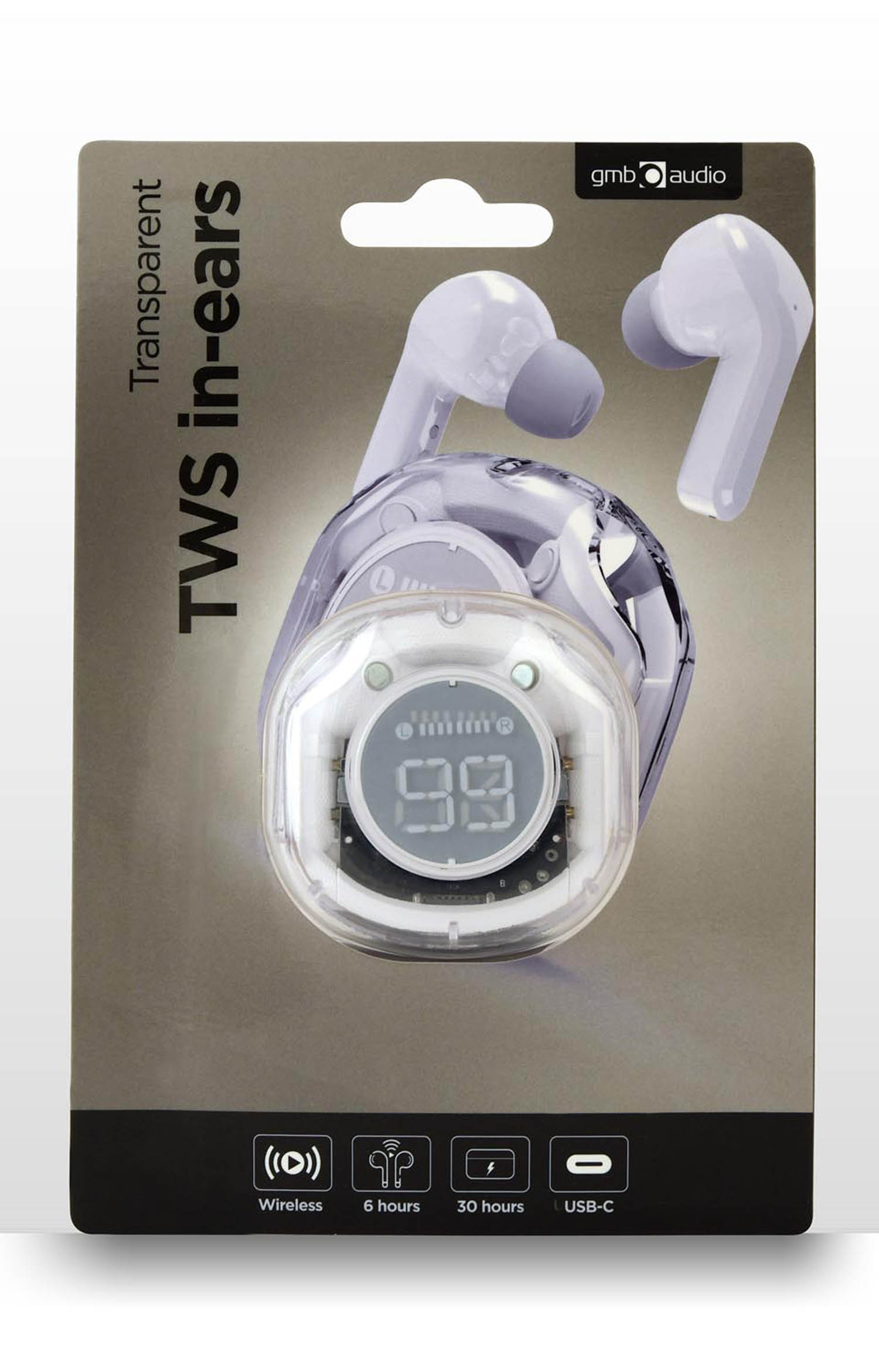 Écouteurs transparents TWS intra-auriculaires avec étui de chargement et écran.