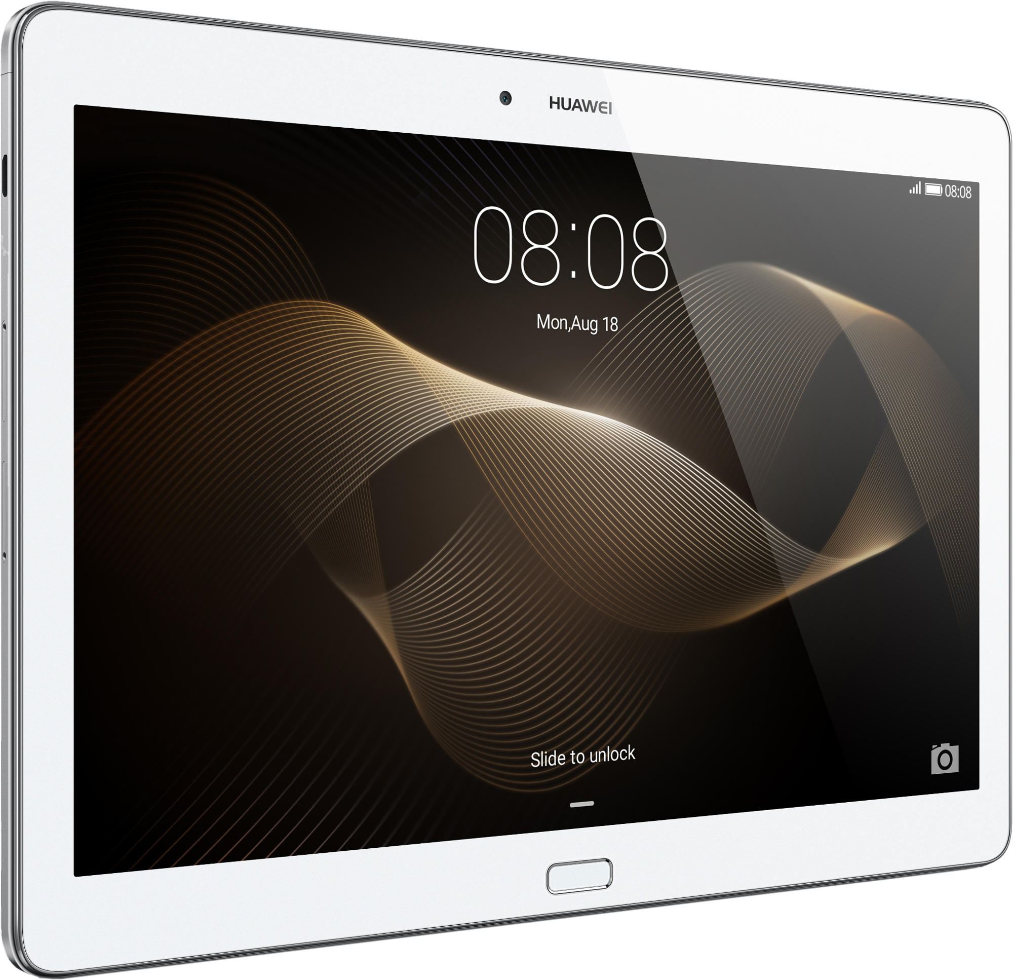Un tablet Huawei bianco con sfondo scuro e linee dorate ondulate.