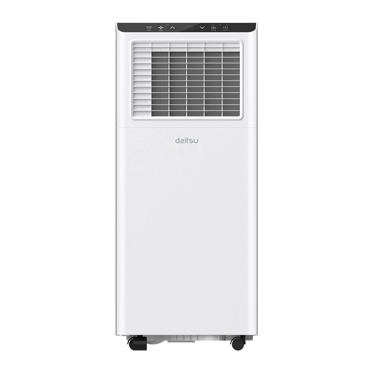 Un aire acondicionado torre blanco portátil con rejilla de ventilación y panel de control.