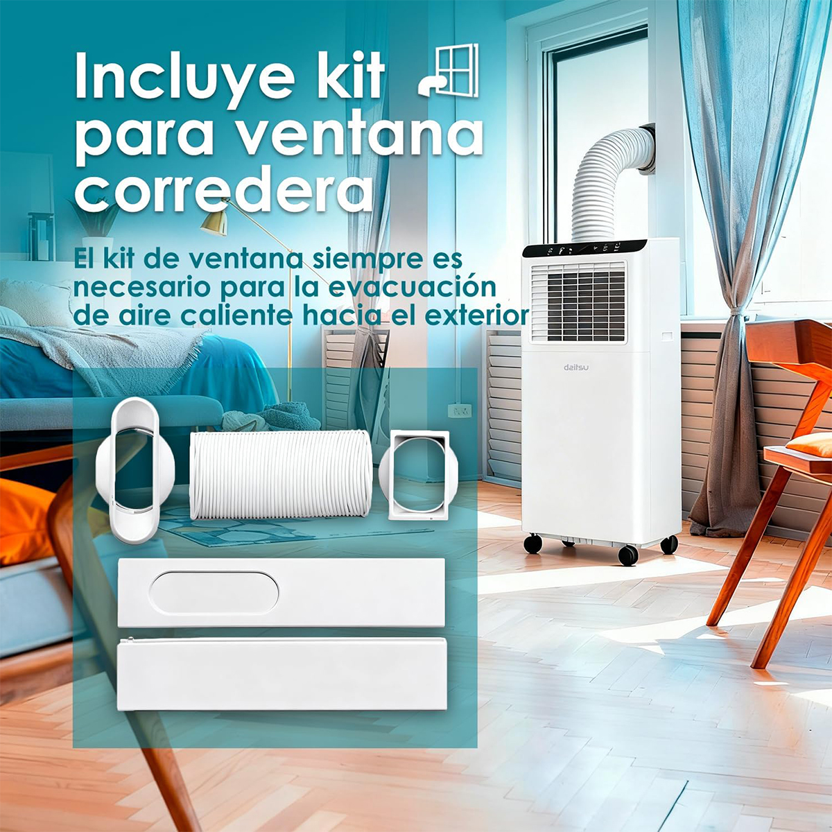 Aire acondicionado portátil con kit para ventana corredera, manguera y adaptador.