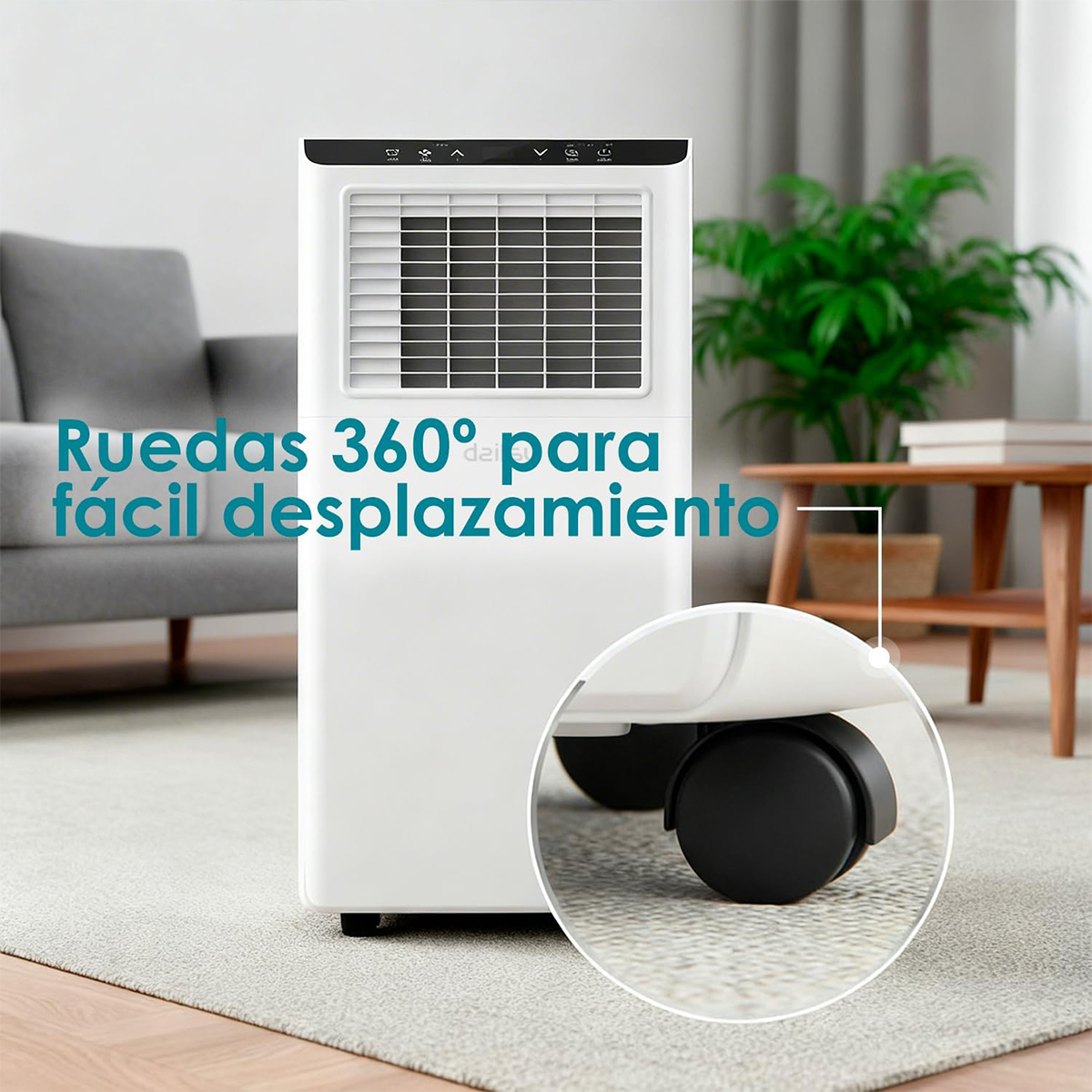 Un enfriador de aire acondicionado portátil blanco con ruedas de 360 grados sobre una alfombra.