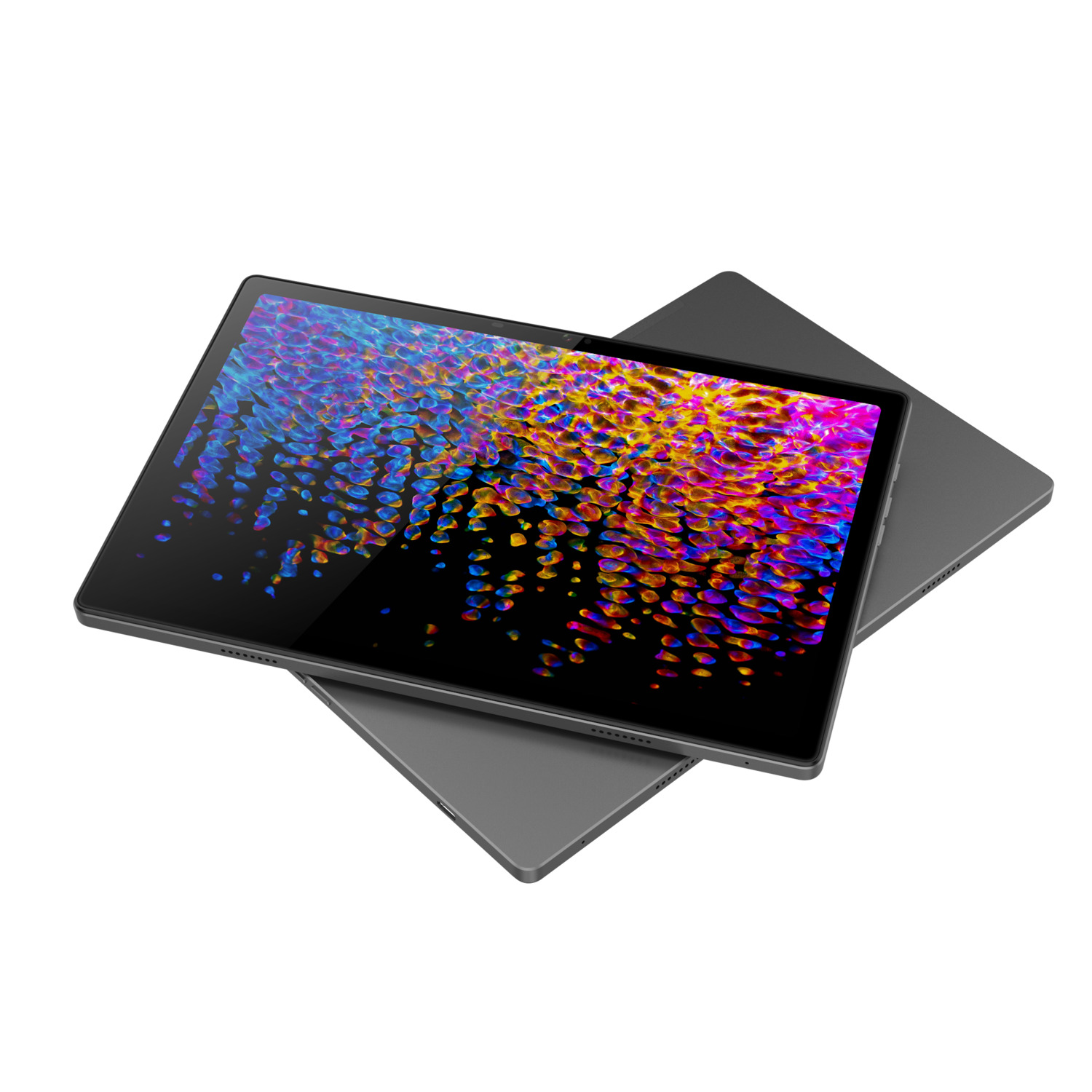 Due tablet grigie, una sopra l'altra, mostrano un motivo astratto colorato.