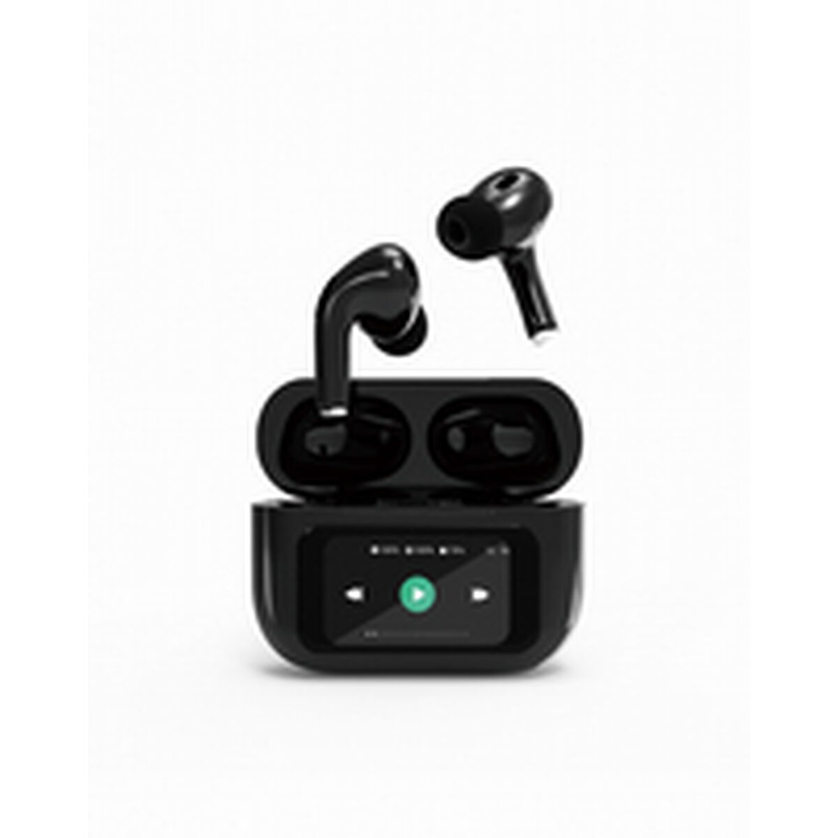 Auricolari wireless neri con custodia di ricarica e schermo.