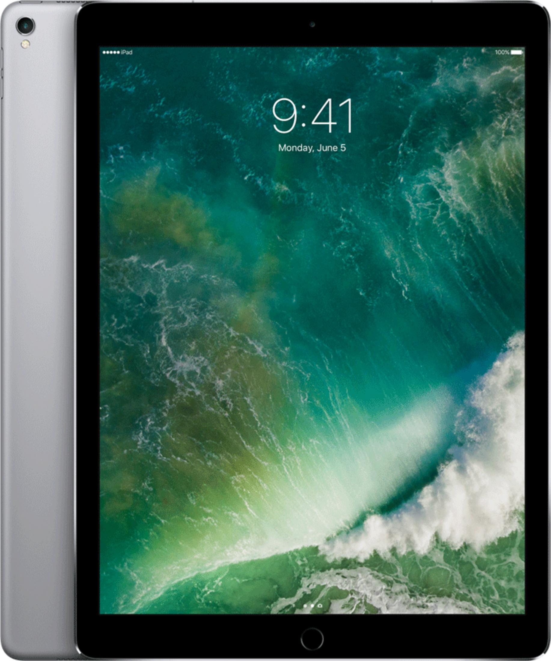 Ein silbernes iPad mit einem Wellen-Hintergrundbild und der Uhrzeit 9:41.