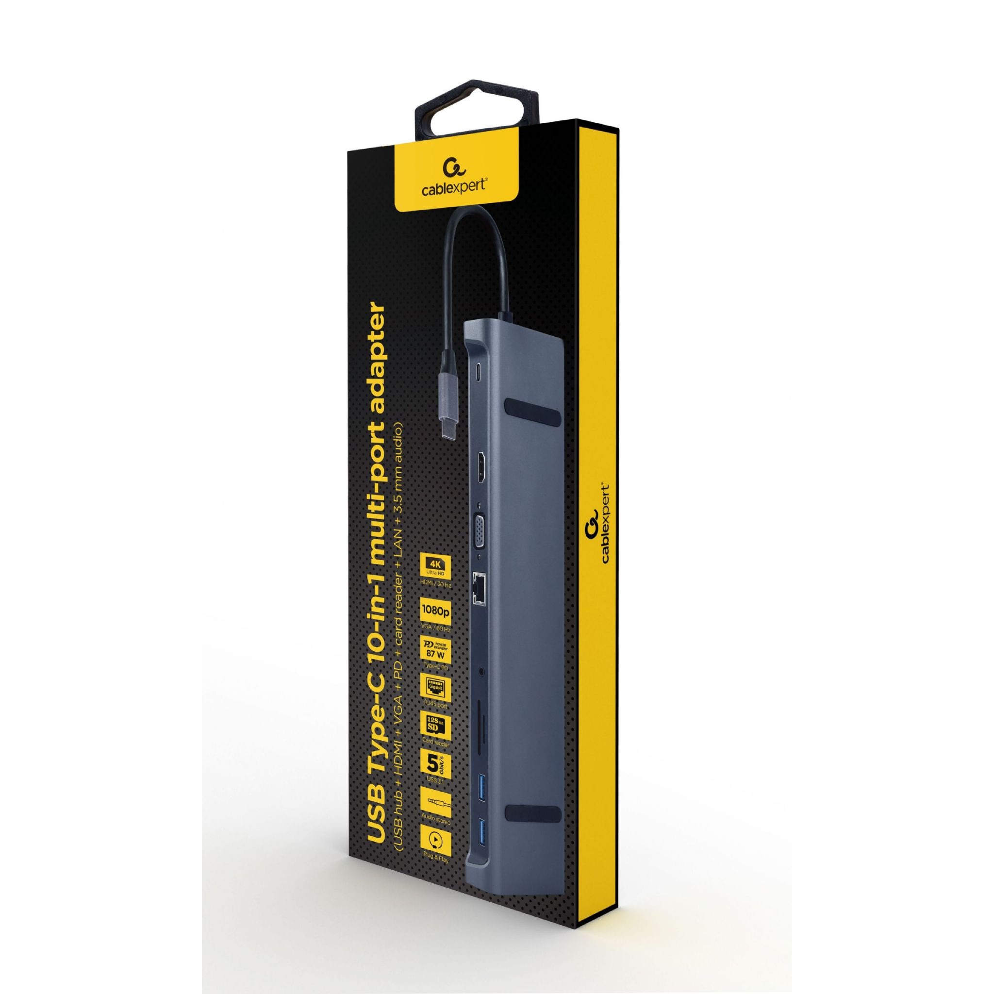 Doos met USB-C 10-in-1 multiport adapter met poorten.