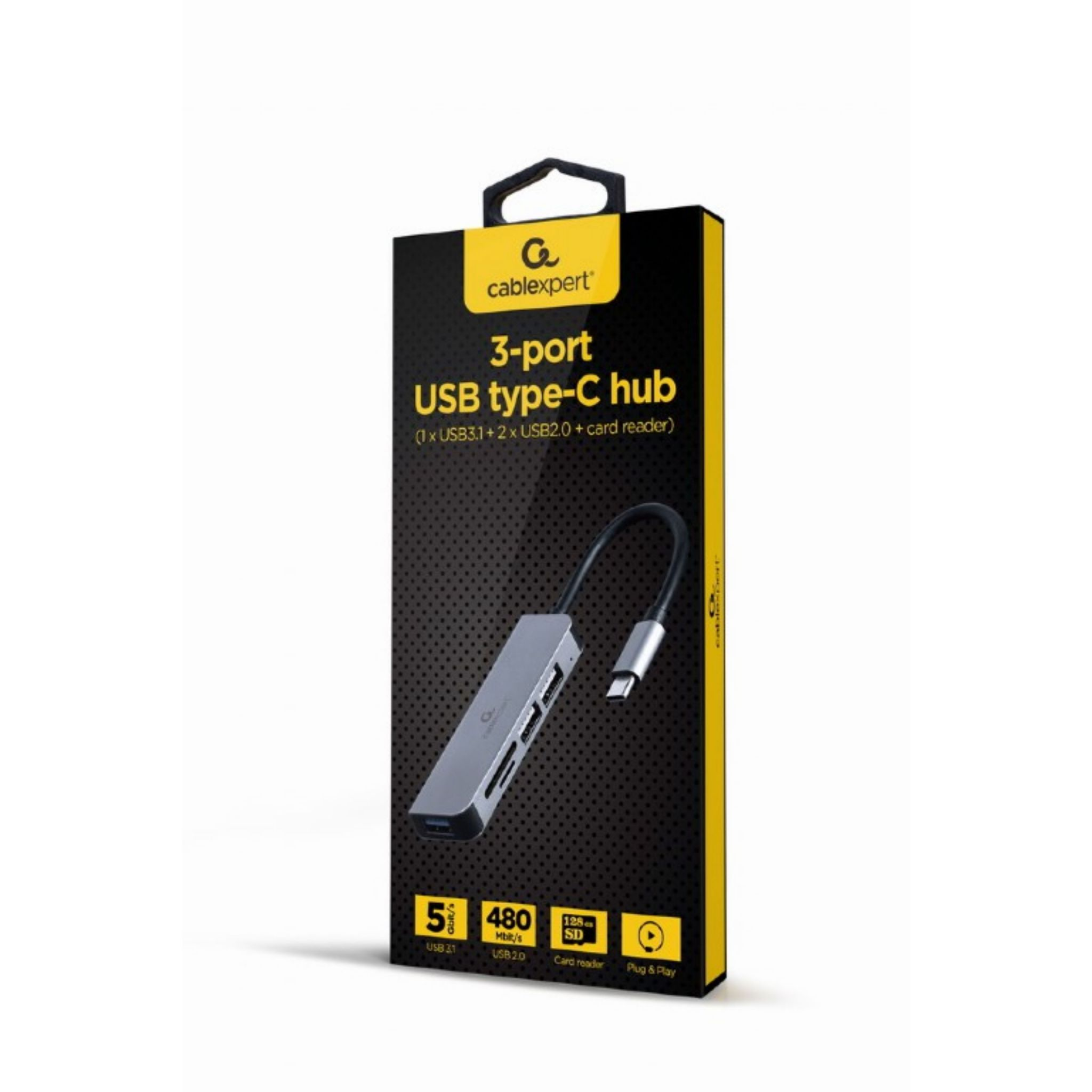 Verpakking van een 3-poorts USB-C hub met 1x USB 3.1, 2x USB 2.0 poorten en kaartlezer.
